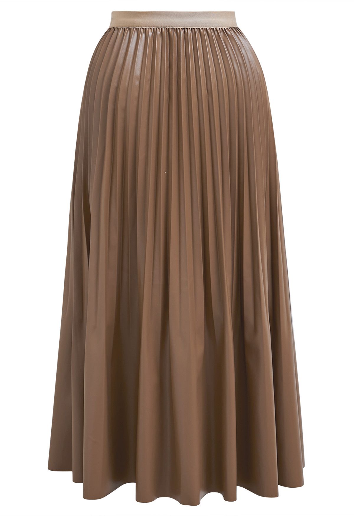 Jupe midi plissée polyvalente en similicuir marron