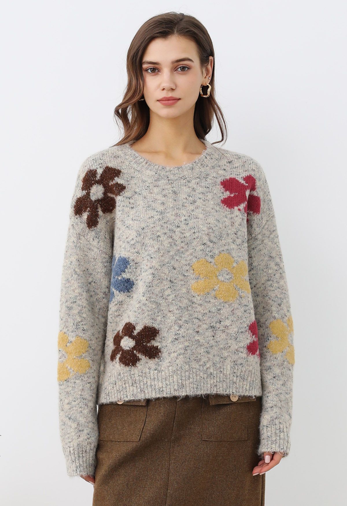 Pull en tricot pelucheux à motif floral multicolore en flocons d'avoine