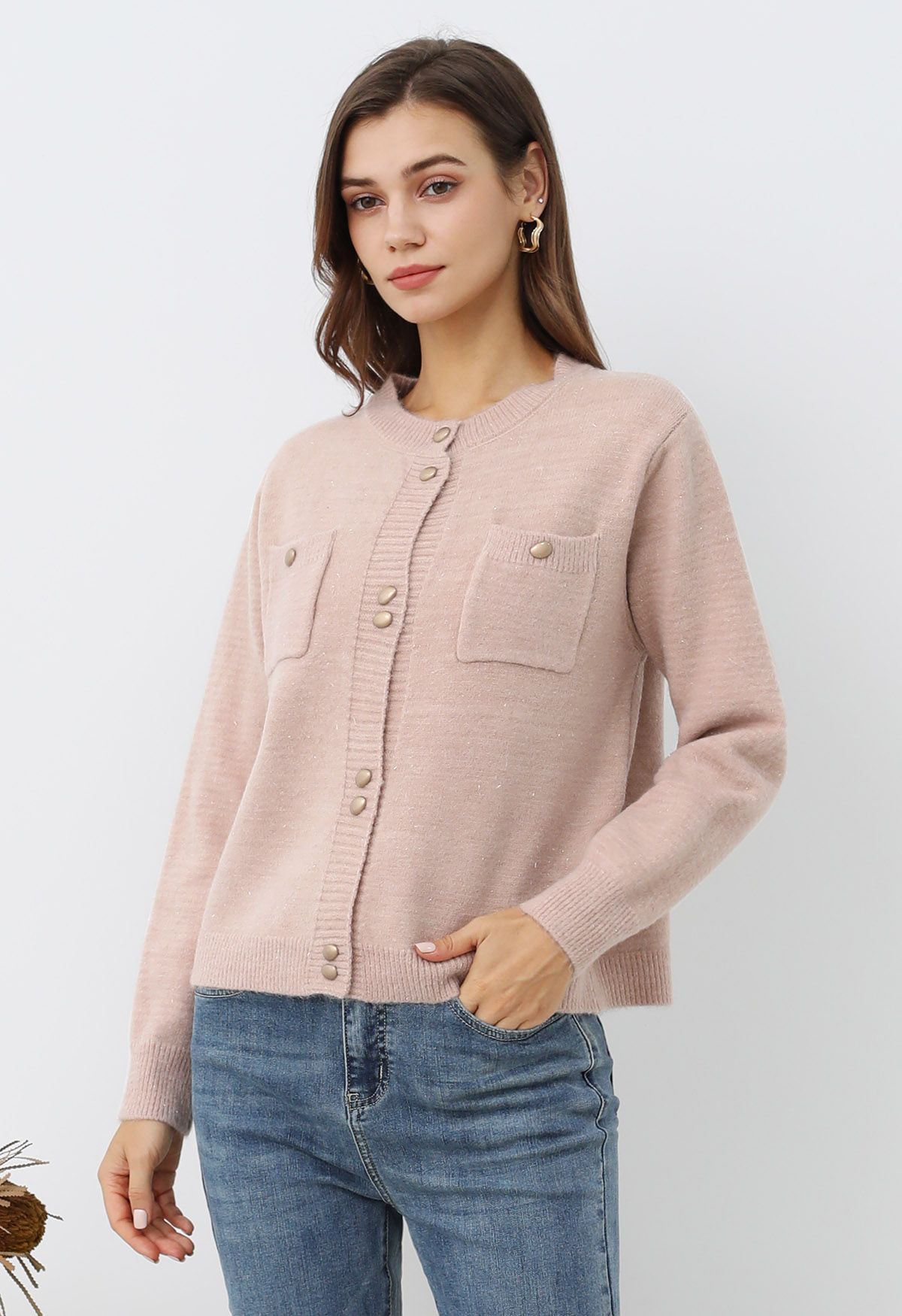 Cardigan élégant en tricot à franges scintillantes et boutons en rose clair