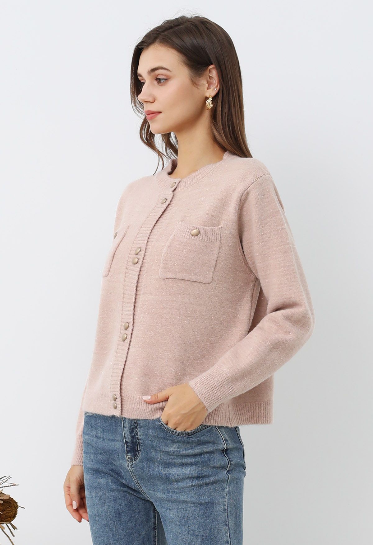 Cardigan élégant en tricot à franges scintillantes et boutons en rose clair