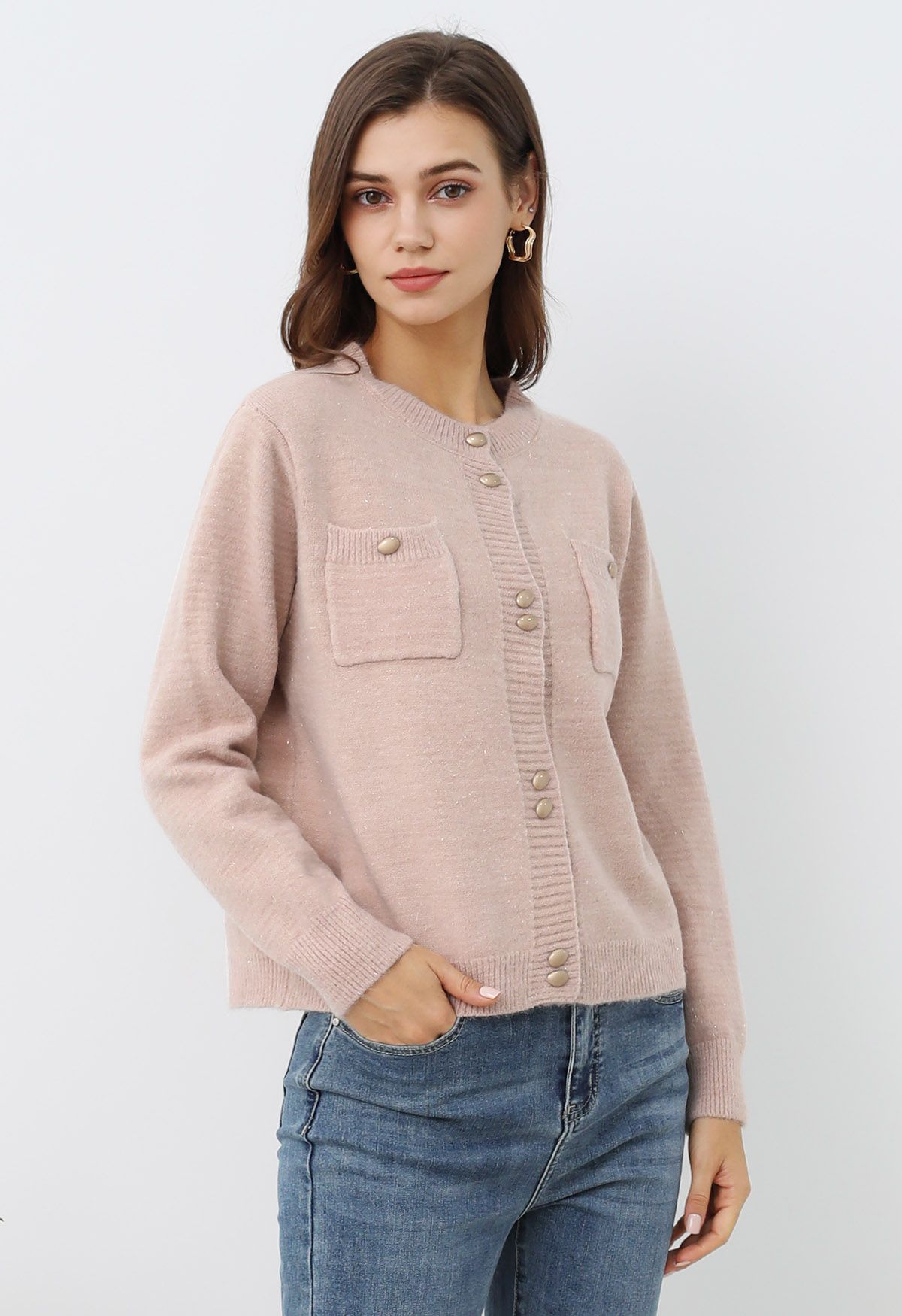 Cardigan élégant en tricot à franges scintillantes et boutons en rose clair