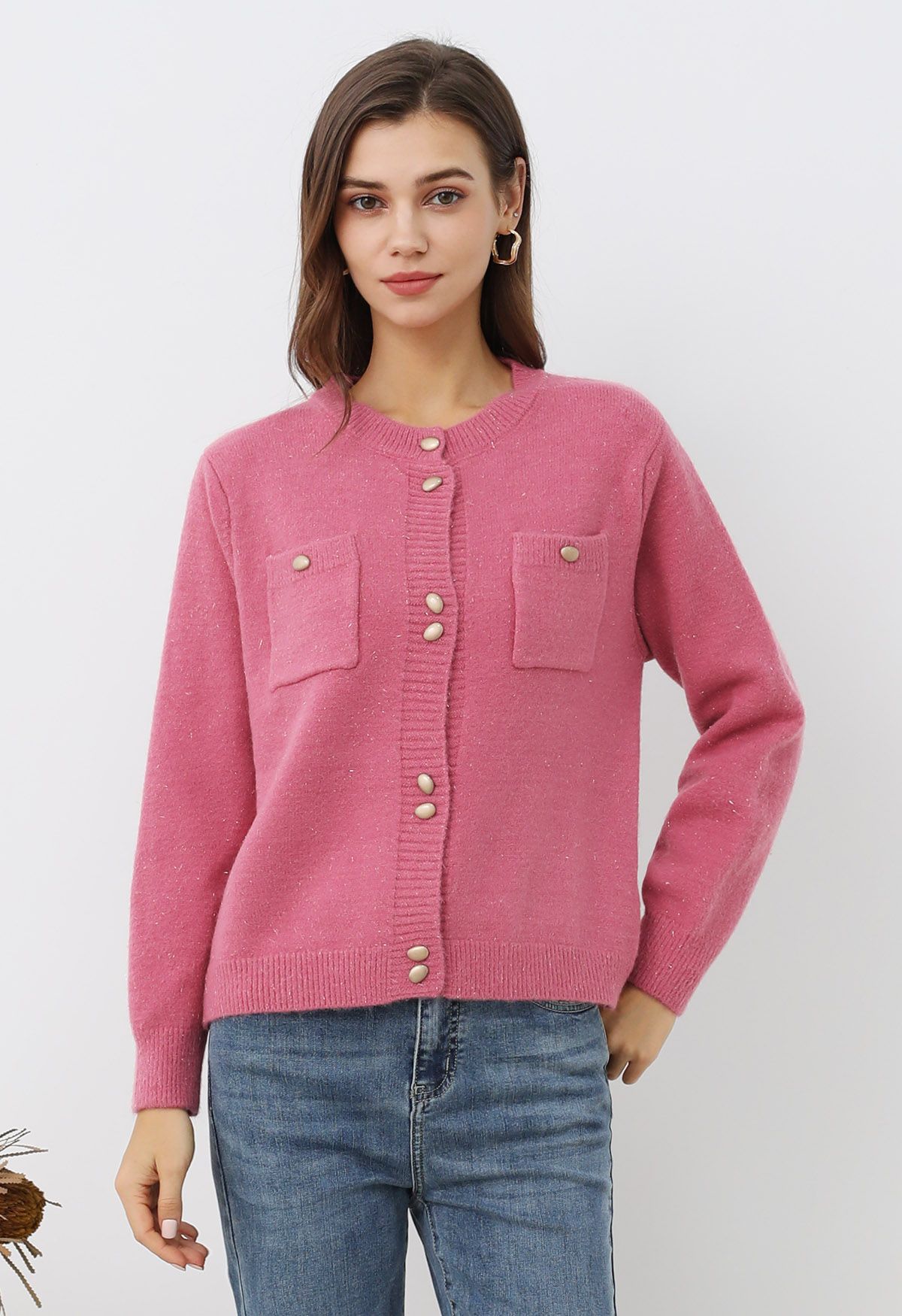 Cardigan élégant en tricot à franges scintillantes et boutons en rose bonbon