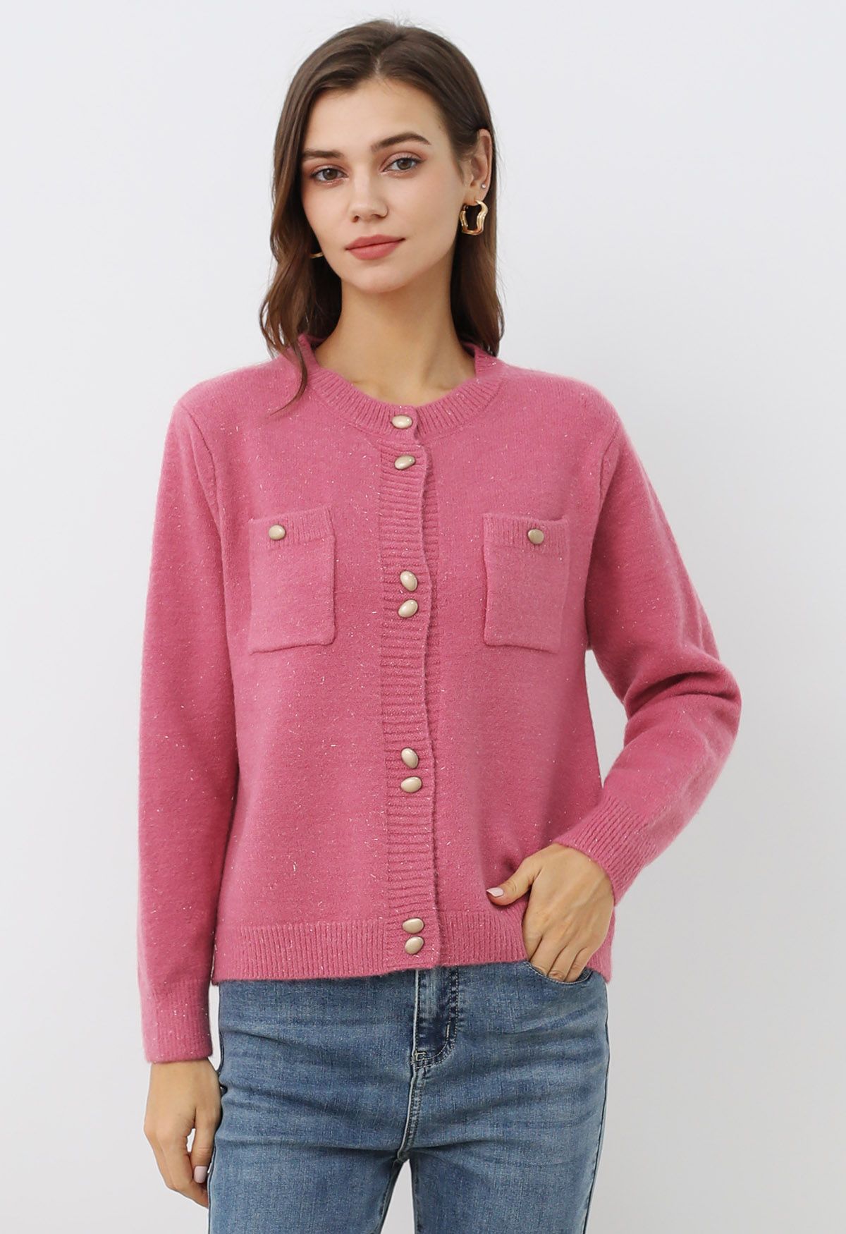 Cardigan élégant en tricot à franges scintillantes et boutons en rose bonbon