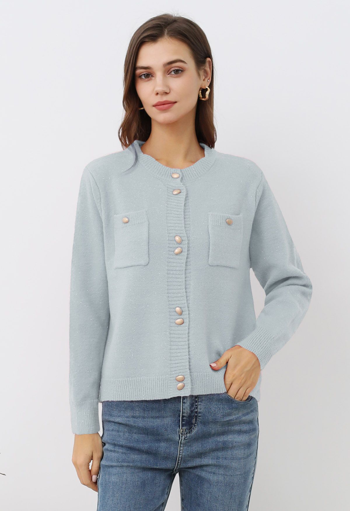 Cardigan élégant en tricot à franges scintillantes et boutons en bleu bébé