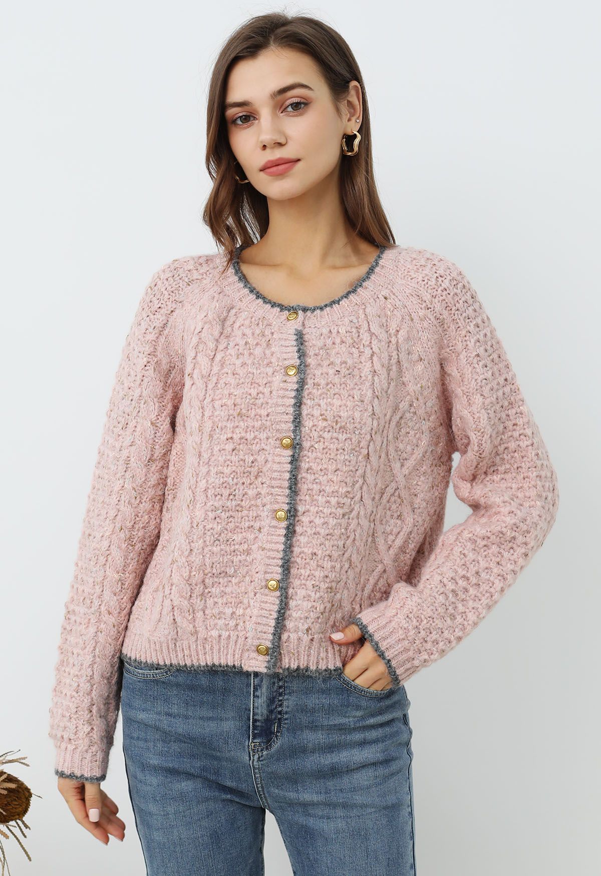 Cardigan boutonné en tricot tressé à bords contrastés en rose