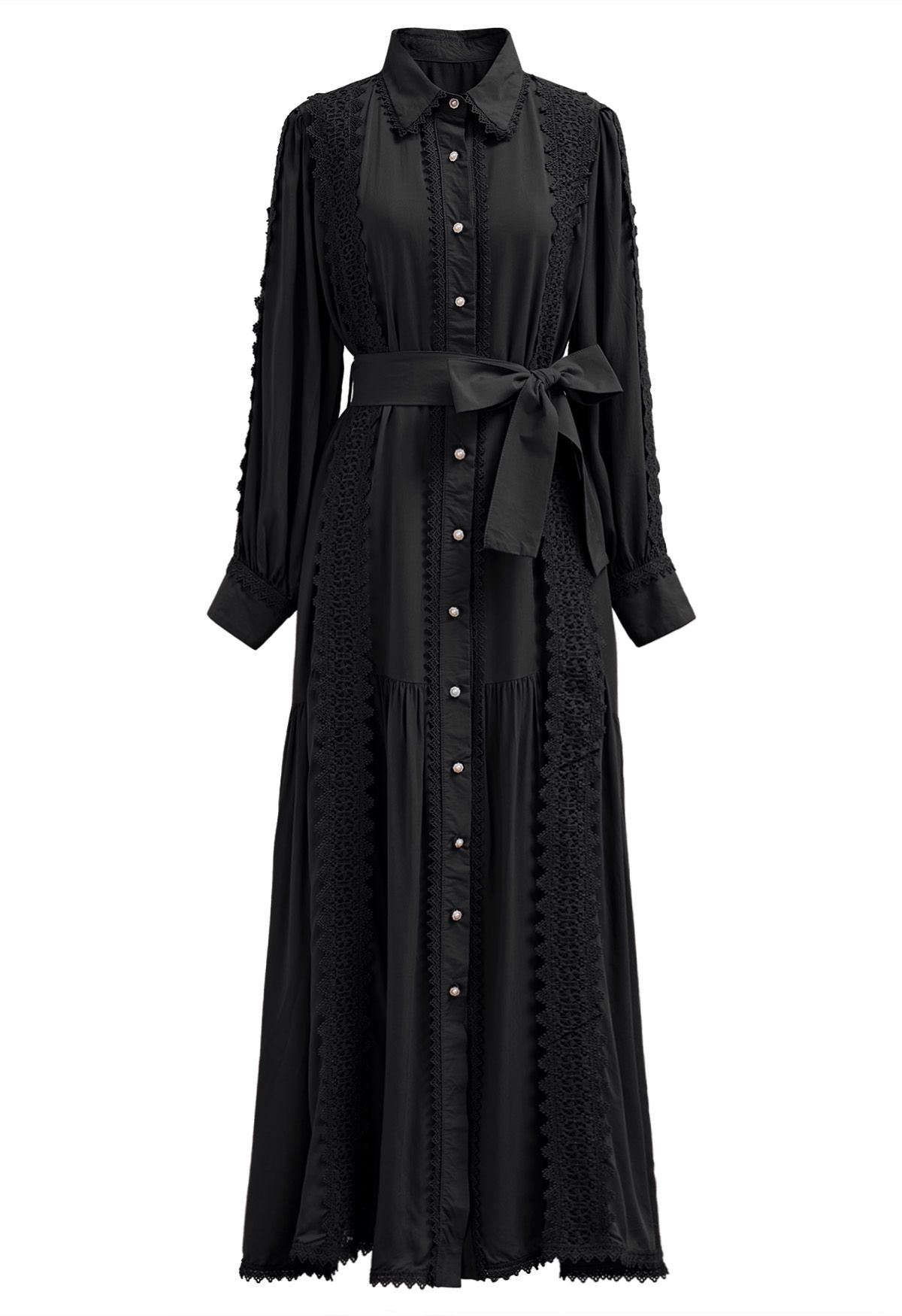 Robe longue boutonnée captivante en dentelle avec ceinture nouée en noir