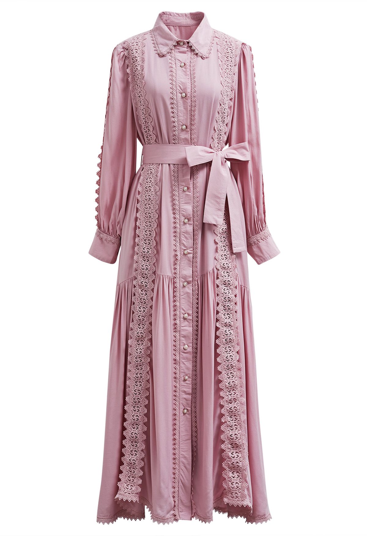 Robe longue boutonnée captivante en dentelle avec lien à la taille en rose