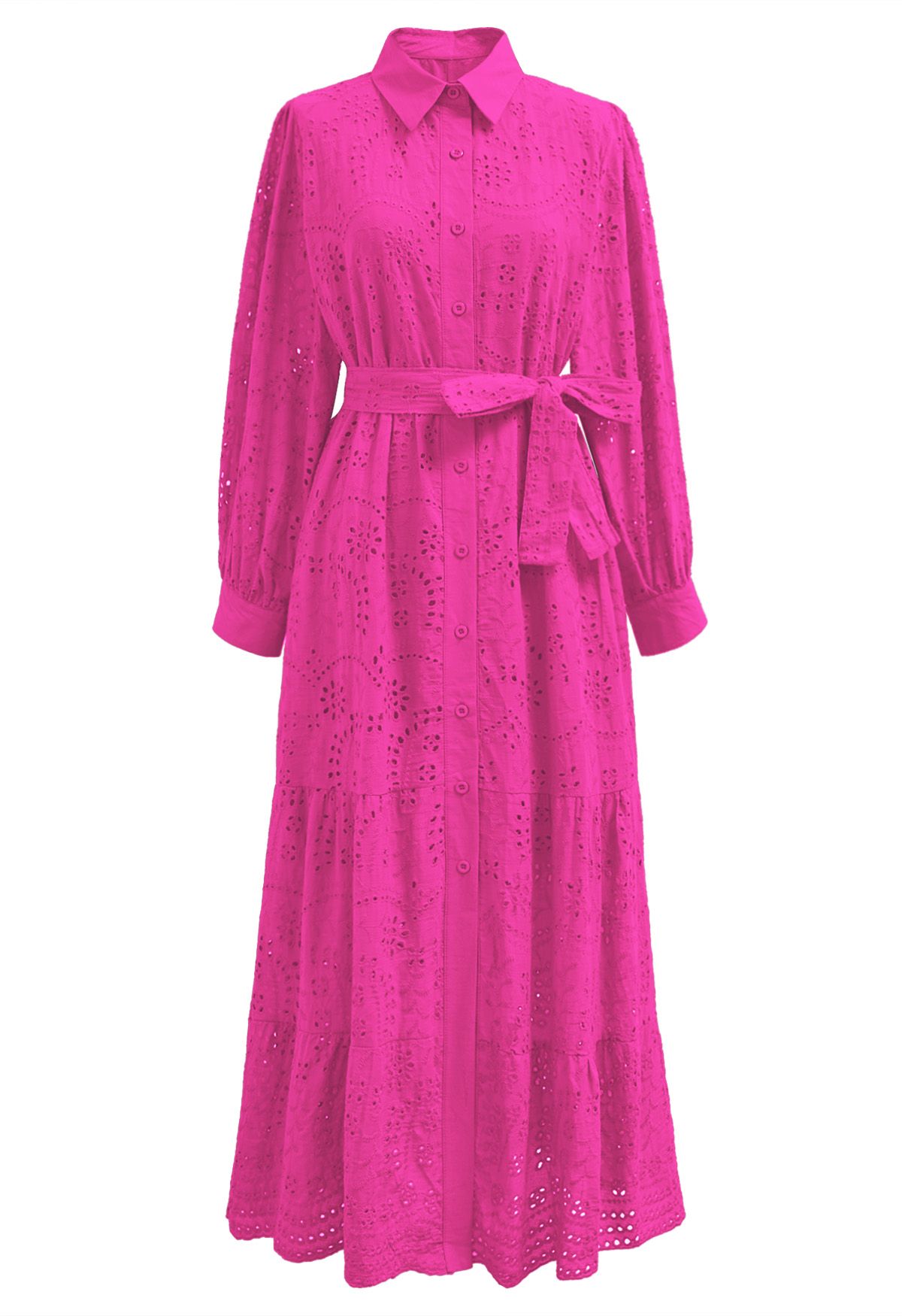 Robe mi-longue boutonnée à taille nouée et broderie délicate à œillets en rose vif