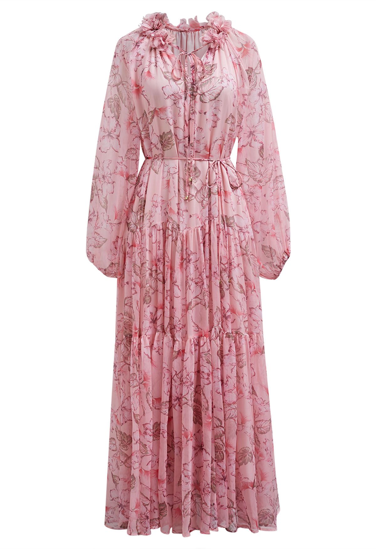 Robe mi-longue en mousseline de soie à nouer et à fleurs en rose