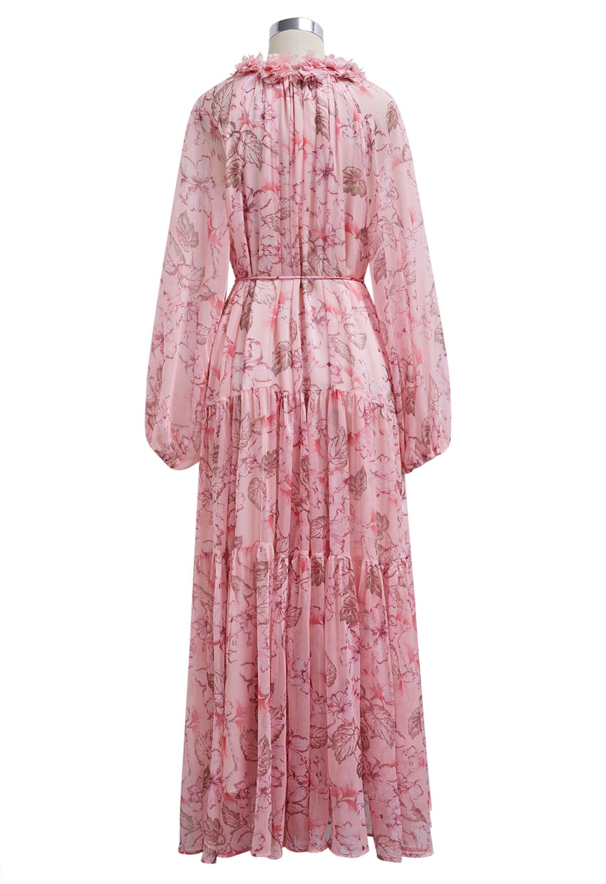 Robe mi-longue en mousseline de soie à nouer et à fleurs en rose