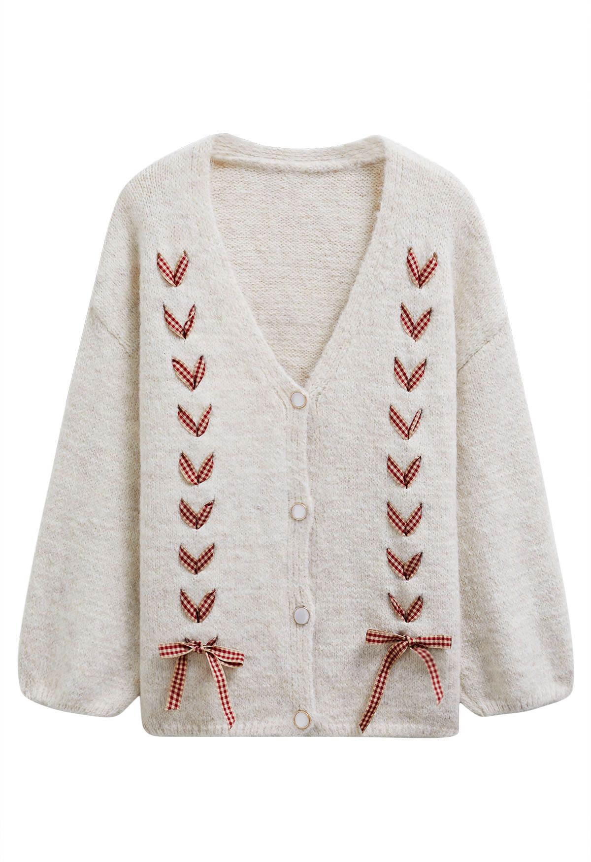 Cardigan en tricot pelucheux à lacets et ruban vichy en flocons d'avoine