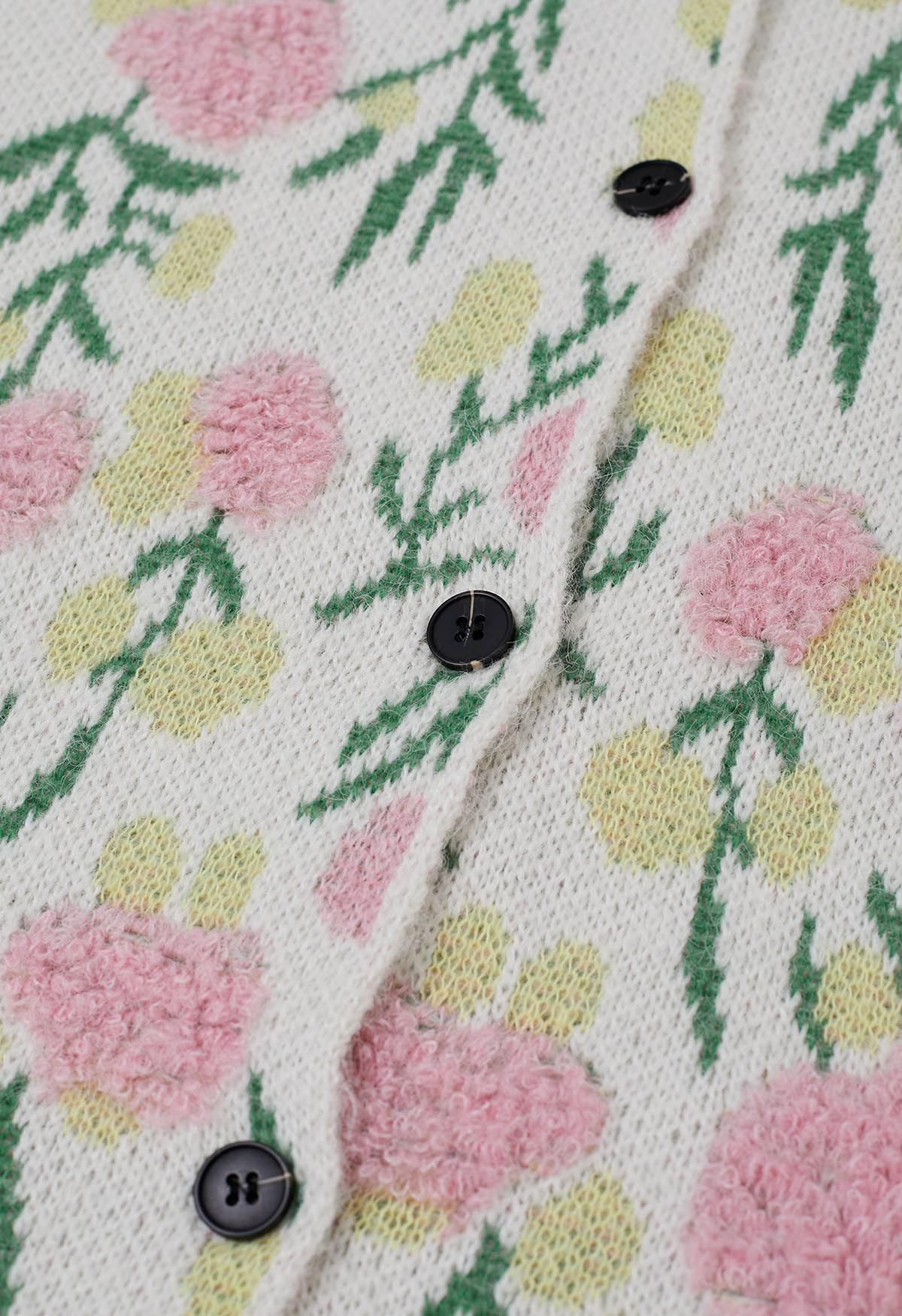 Cardigan boutonné en tricot jacquard intarsia à fleurs roses