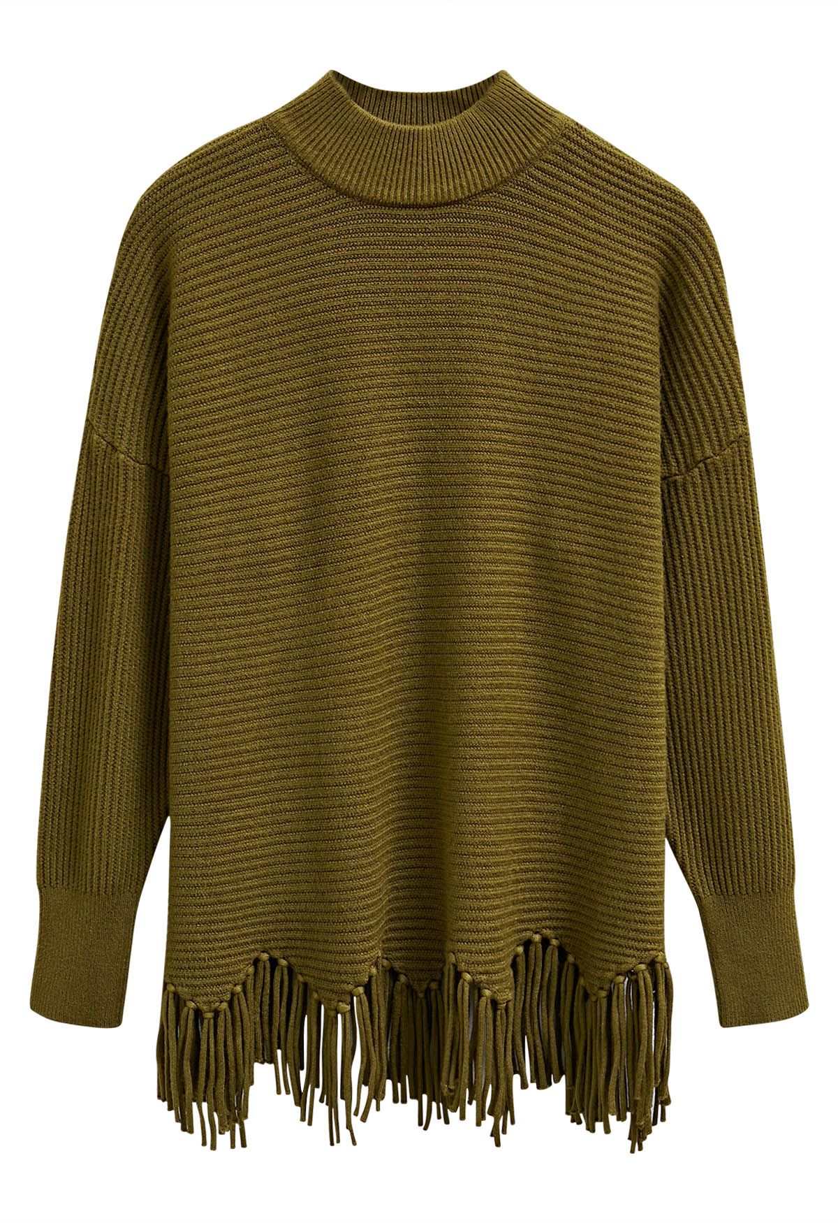 Pull en tricot à épaules tombantes et ourlet à franges asymétriques en olive