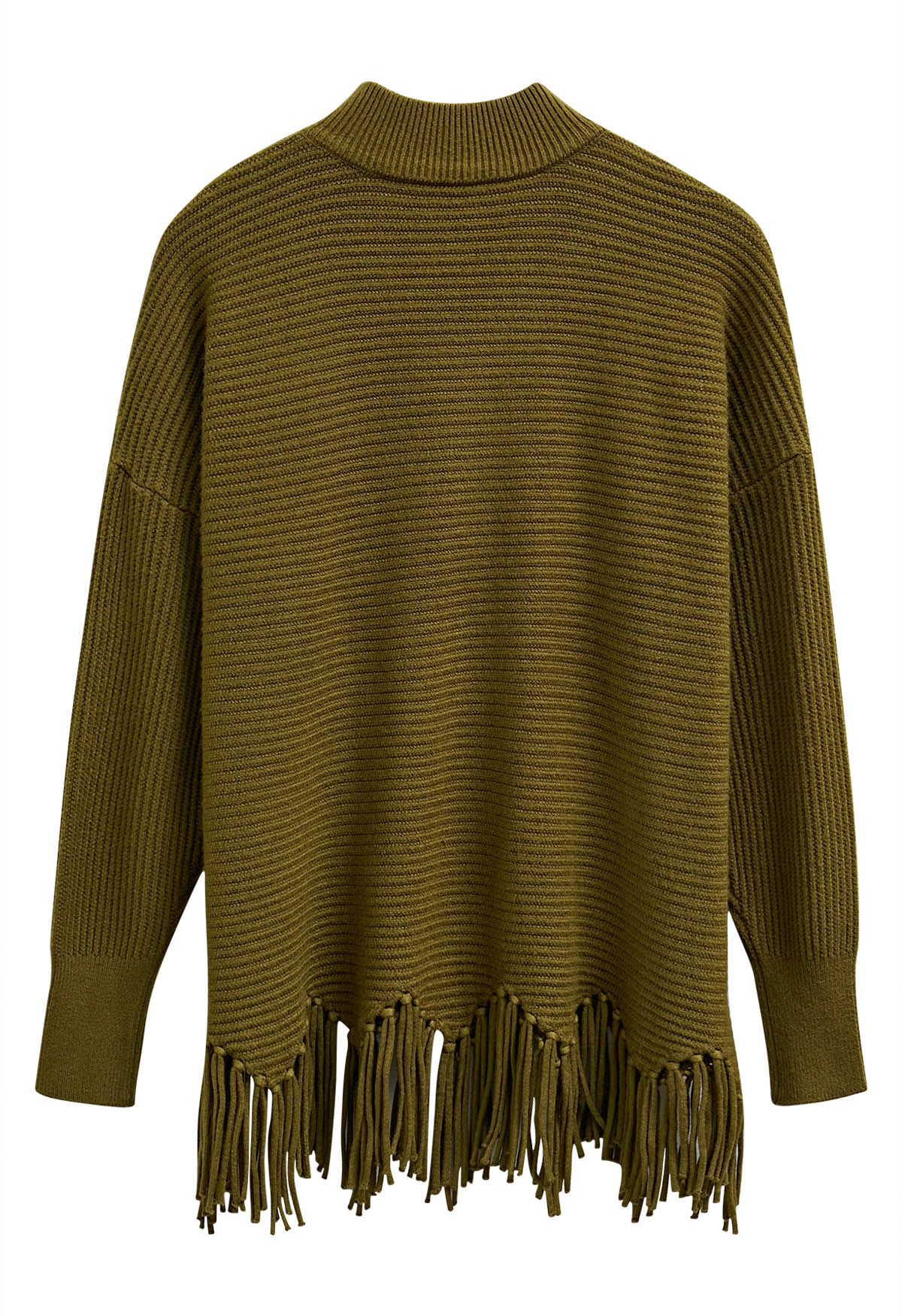 Pull en tricot à épaules tombantes et ourlet à franges asymétriques en olive