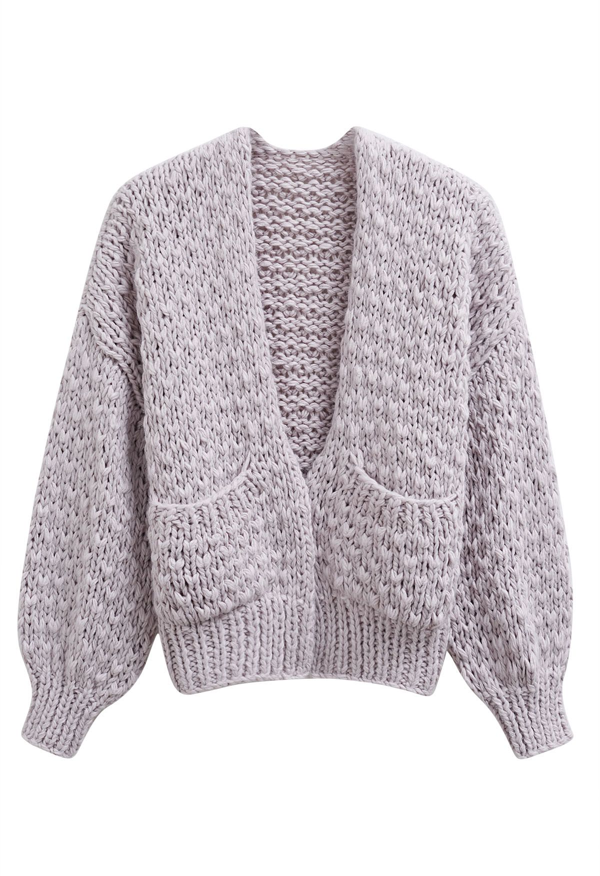 Cardigan ouvert sur le devant en tricot épais à poches plaquées, couleur lilas