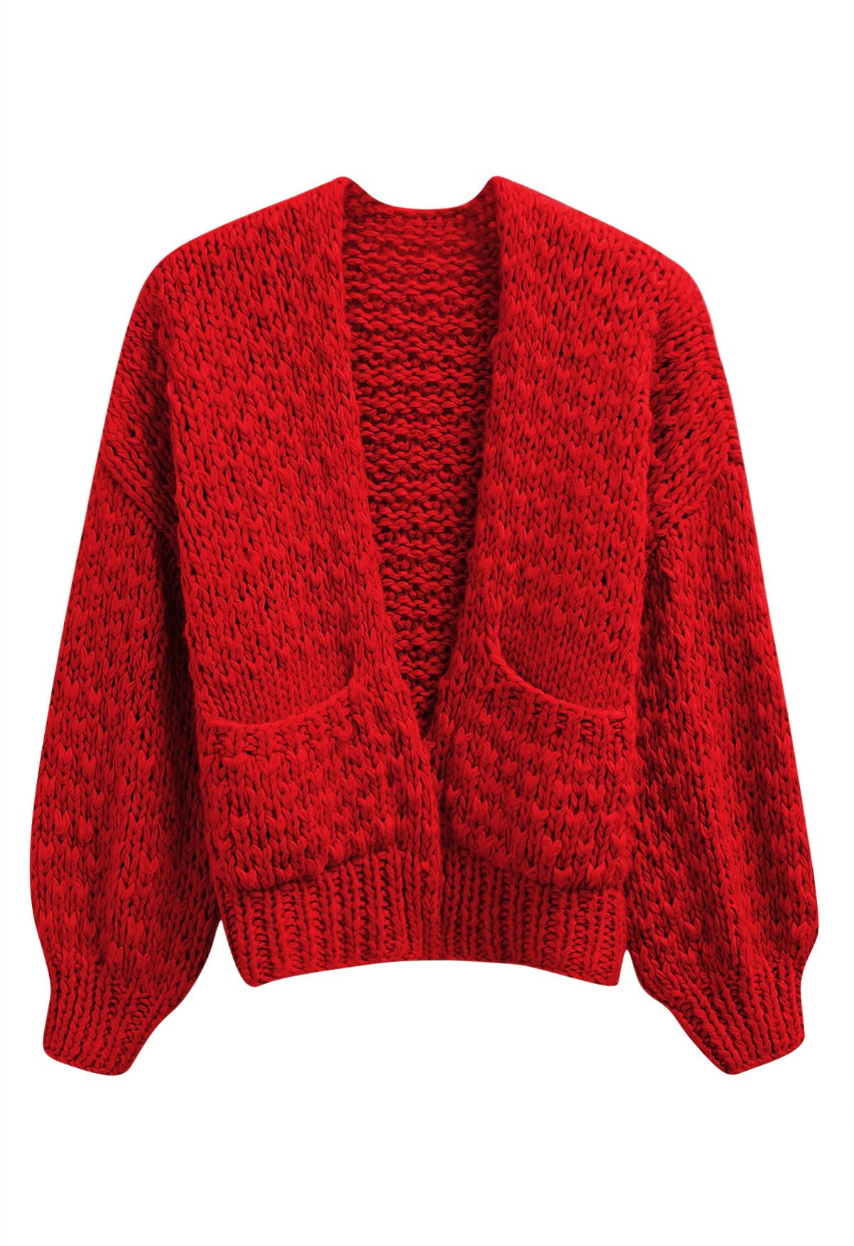 Cardigan ouvert sur le devant en tricot épais à poches plaquées, en rouge