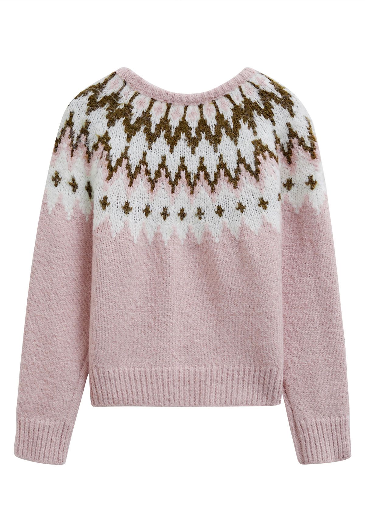 Pull côtelé Fair Isle Winter Whimsy en rose