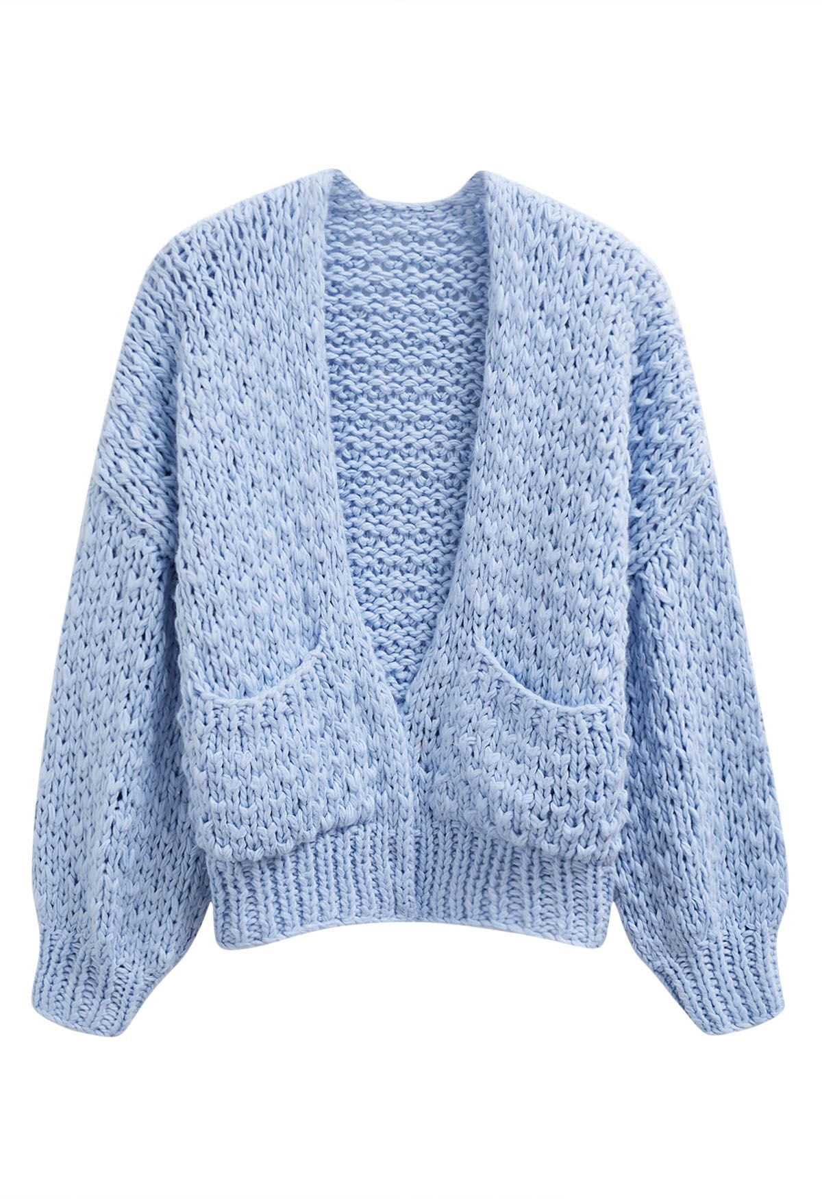 Cardigan ouvert sur le devant en tricot épais à poches plaquées, bleu bébé