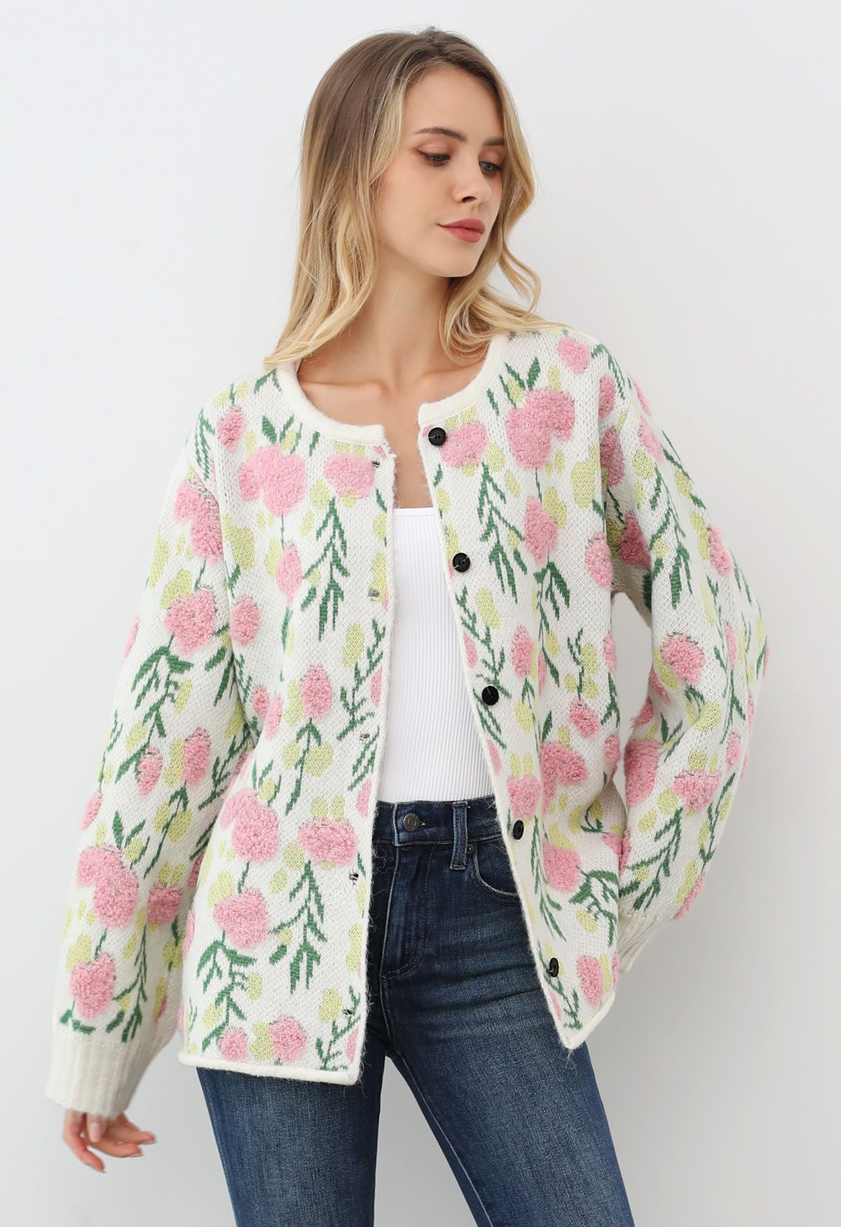 Cardigan boutonné en tricot jacquard intarsia à fleurs roses