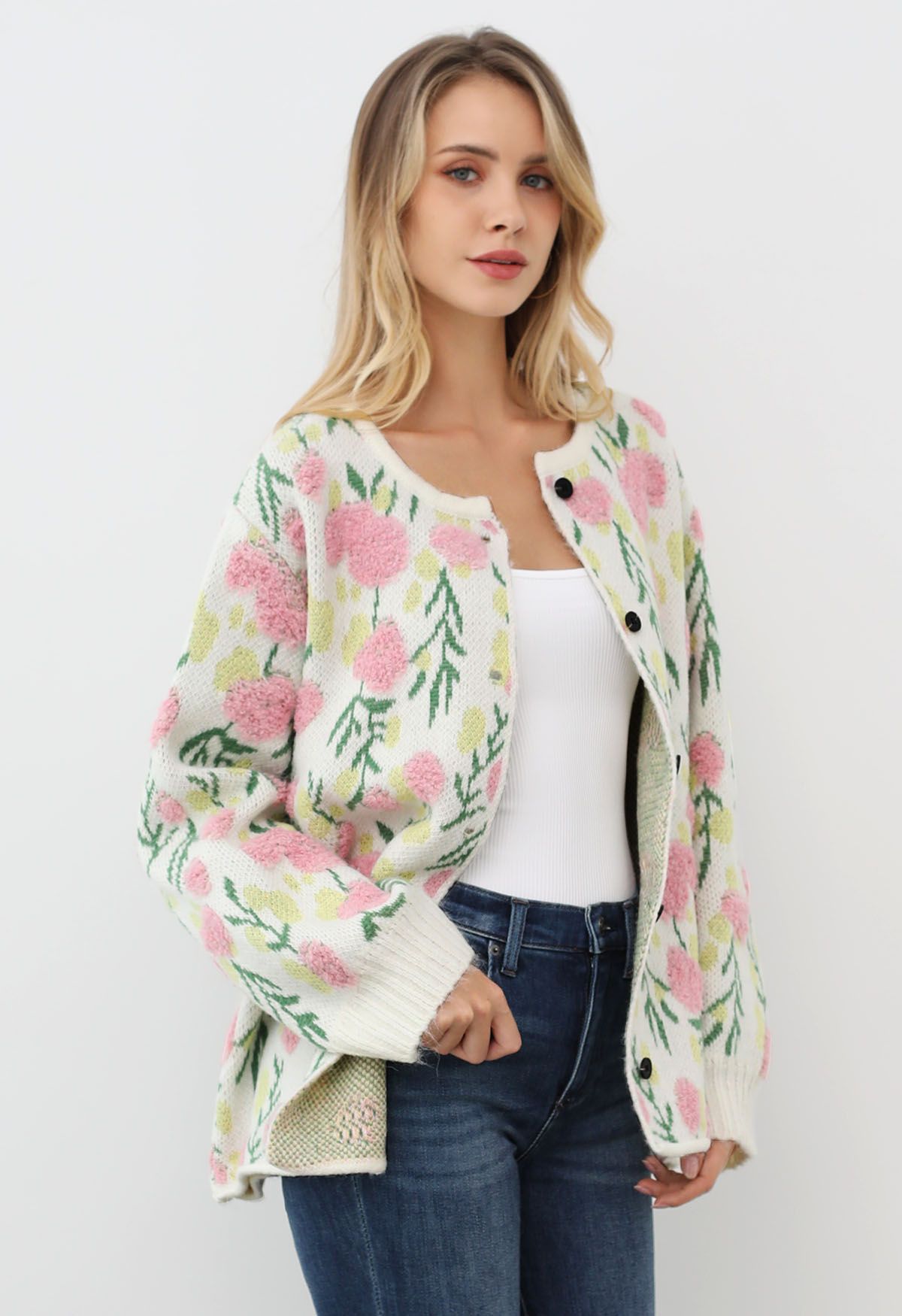 Cardigan boutonné en tricot jacquard intarsia à fleurs roses