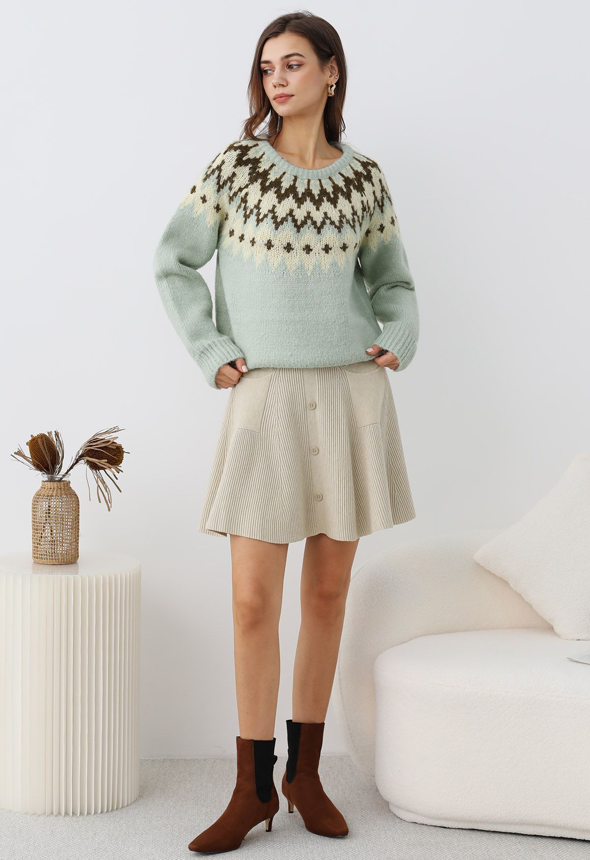 Pull côtelé Fair Isle Winter Whimsy en menthe