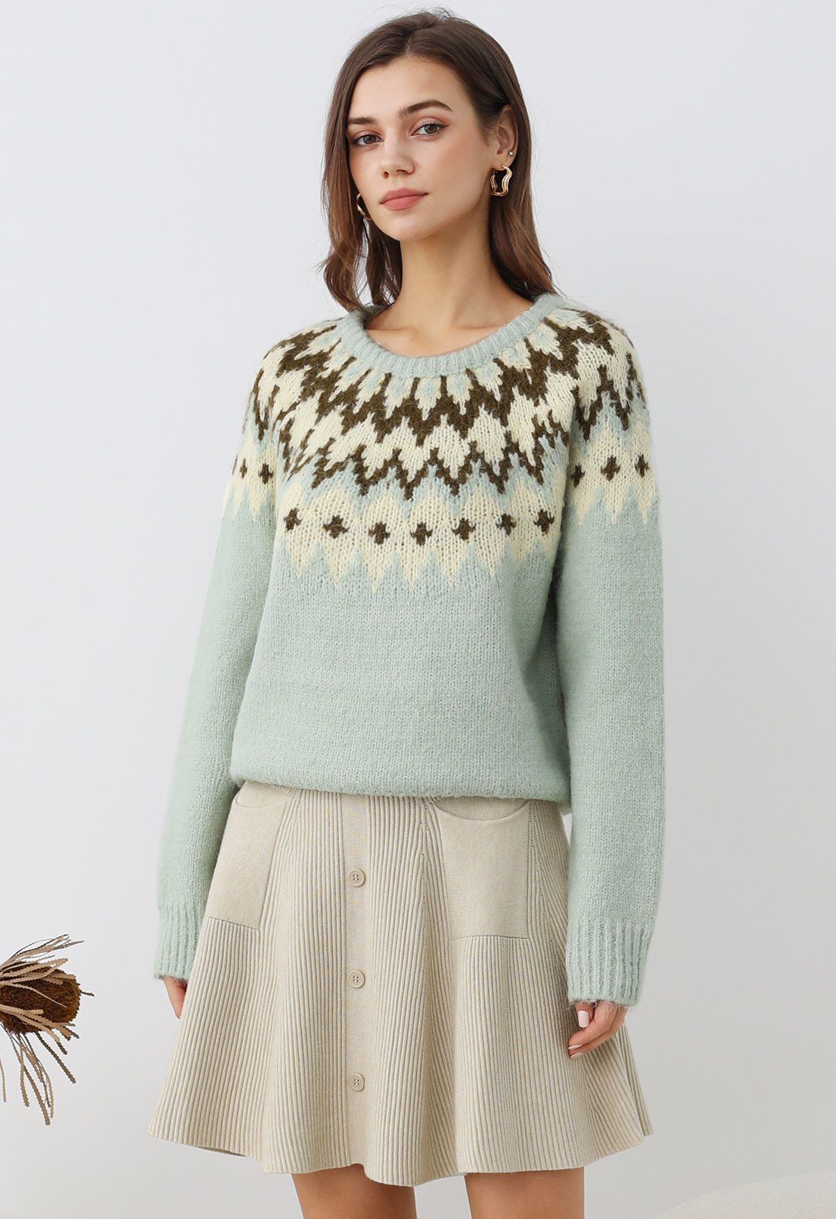 Pull côtelé Fair Isle Winter Whimsy en menthe