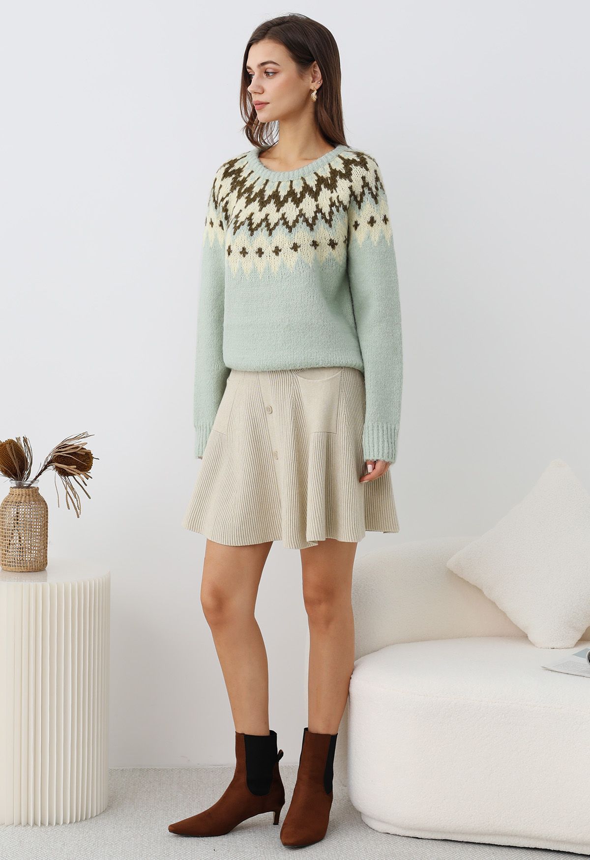 Pull côtelé Fair Isle Winter Whimsy en menthe