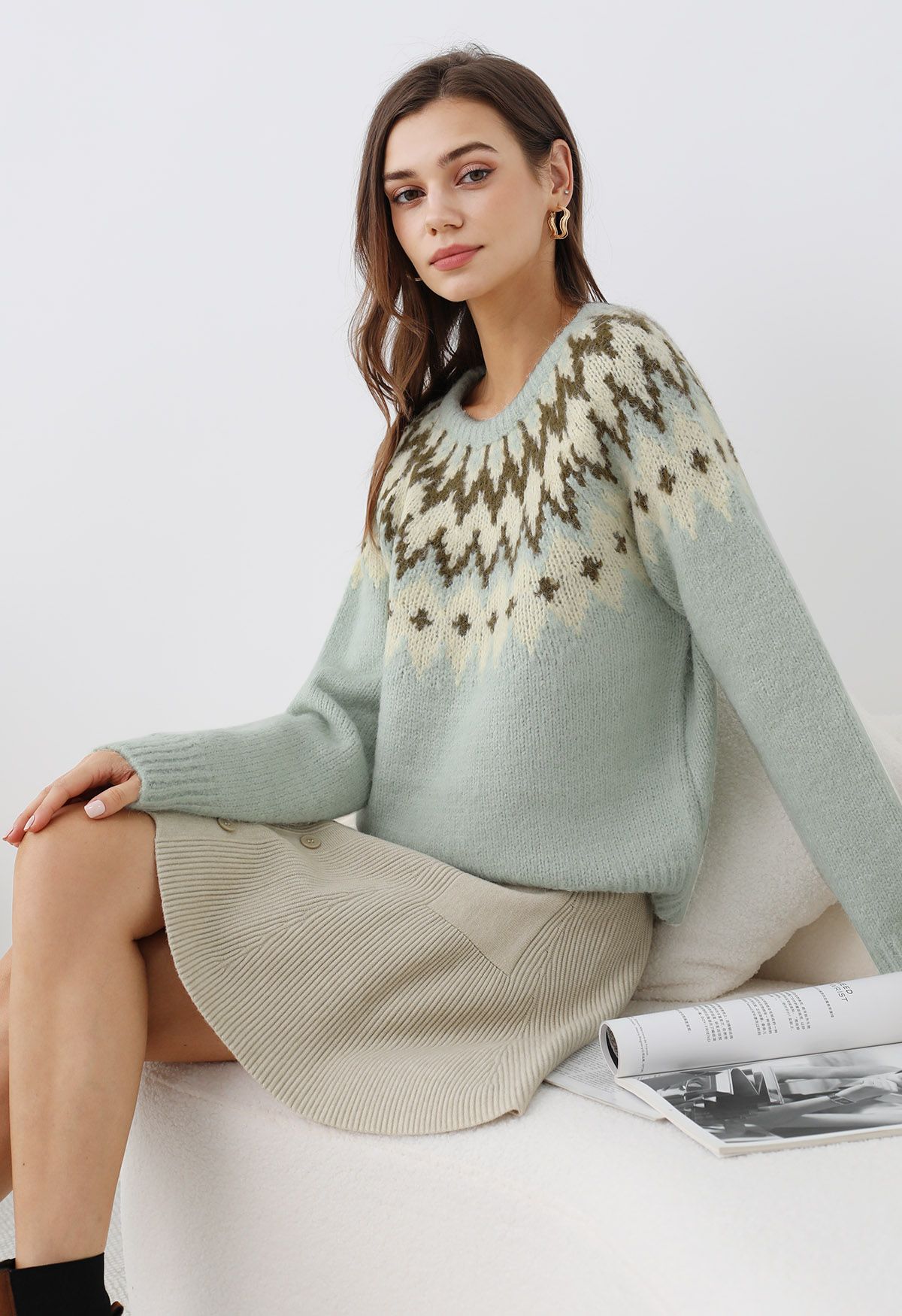 Pull côtelé Fair Isle Winter Whimsy en menthe