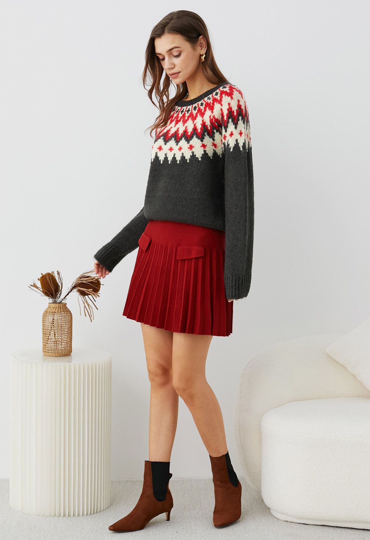 Pull côtelé Fair Isle Winter Whimsy en fumée