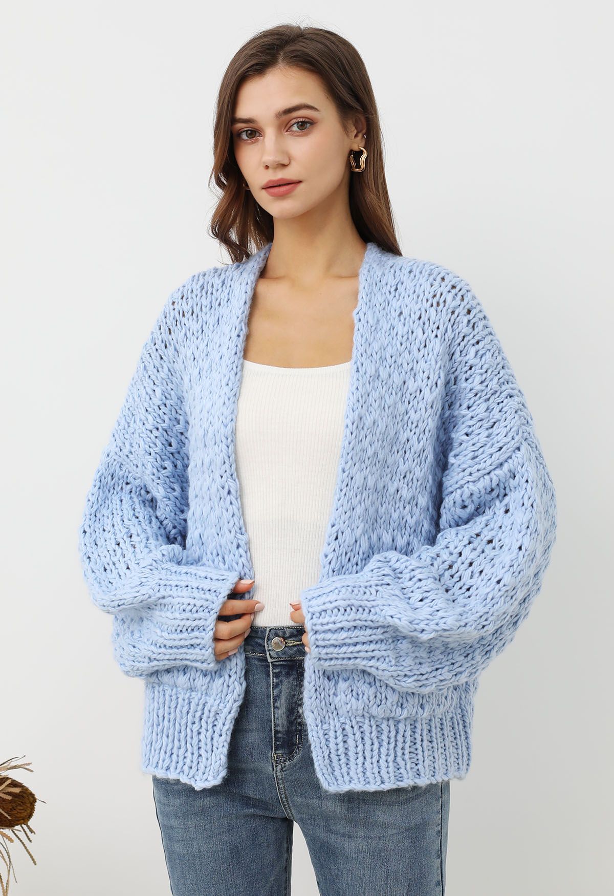 Cardigan ouvert sur le devant en tricot épais à poches plaquées, bleu bébé