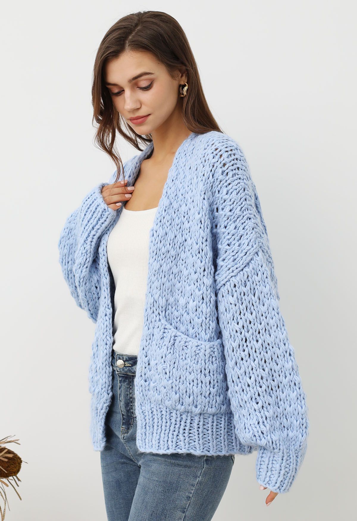 Cardigan ouvert sur le devant en tricot épais à poches plaquées, bleu bébé