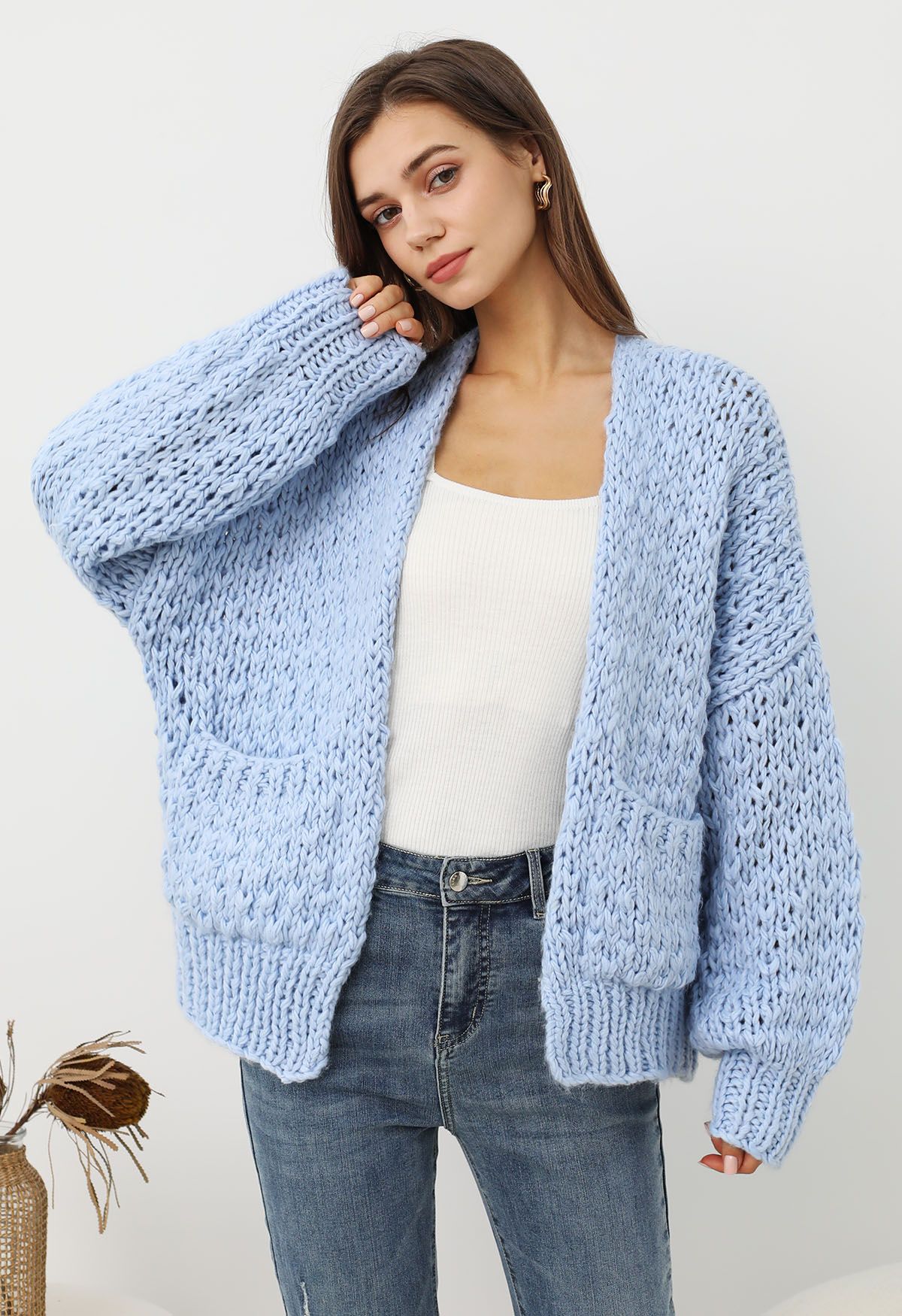 Cardigan ouvert sur le devant en tricot épais à poches plaquées, bleu bébé