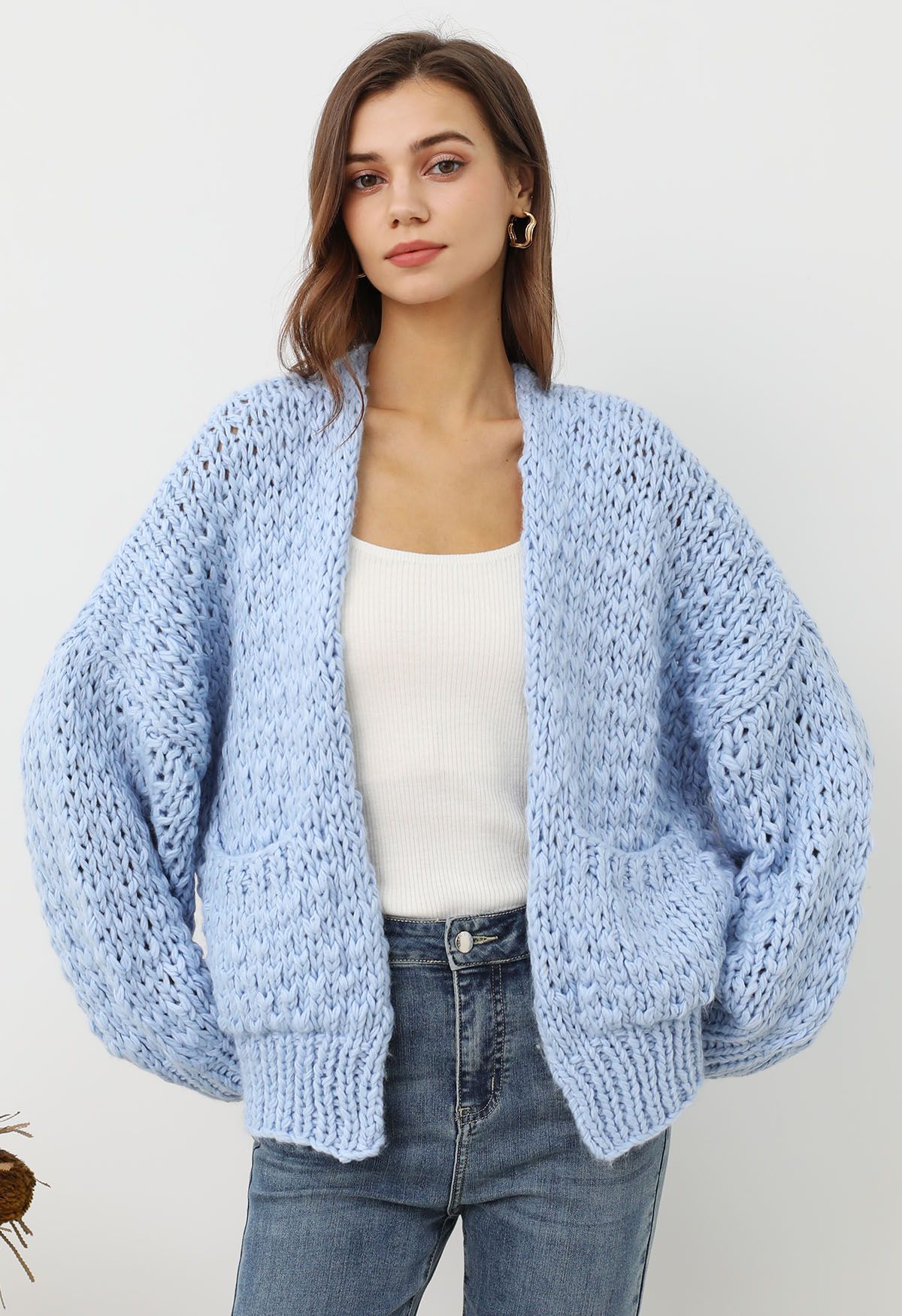 Cardigan ouvert sur le devant en tricot épais à poches plaquées, bleu bébé