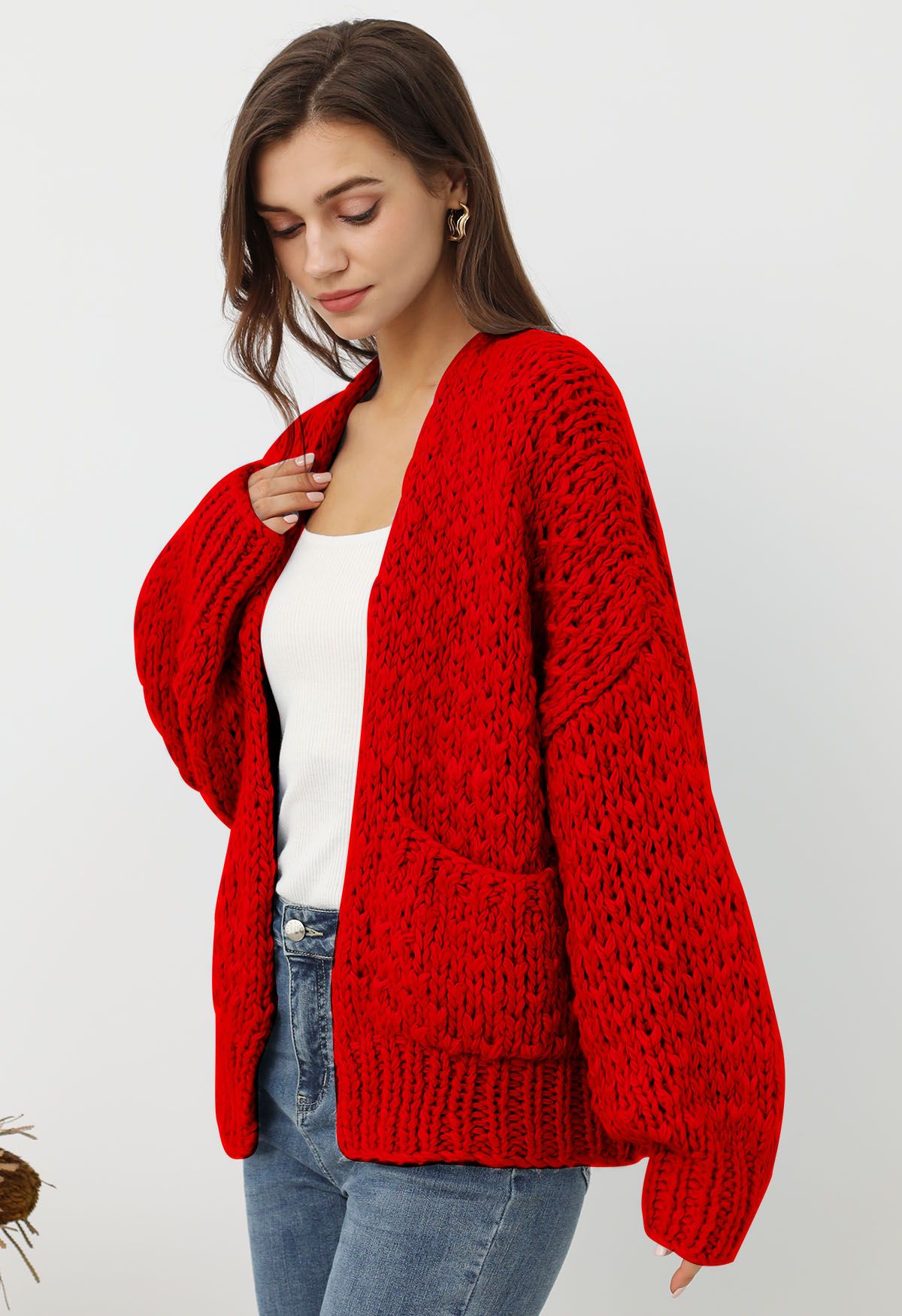 Cardigan ouvert sur le devant en tricot épais à poches plaquées, en rouge