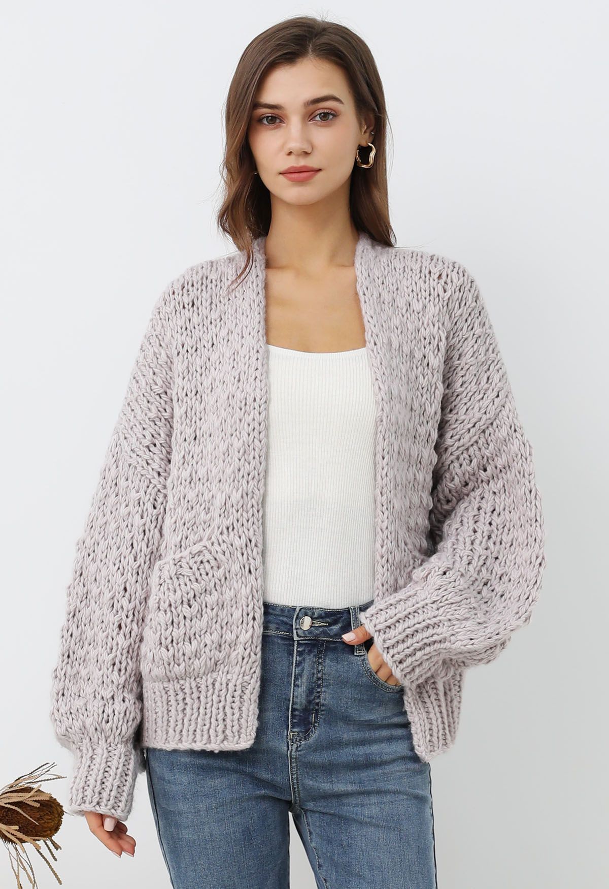 Cardigan ouvert sur le devant en tricot épais à poches plaquées, couleur lilas