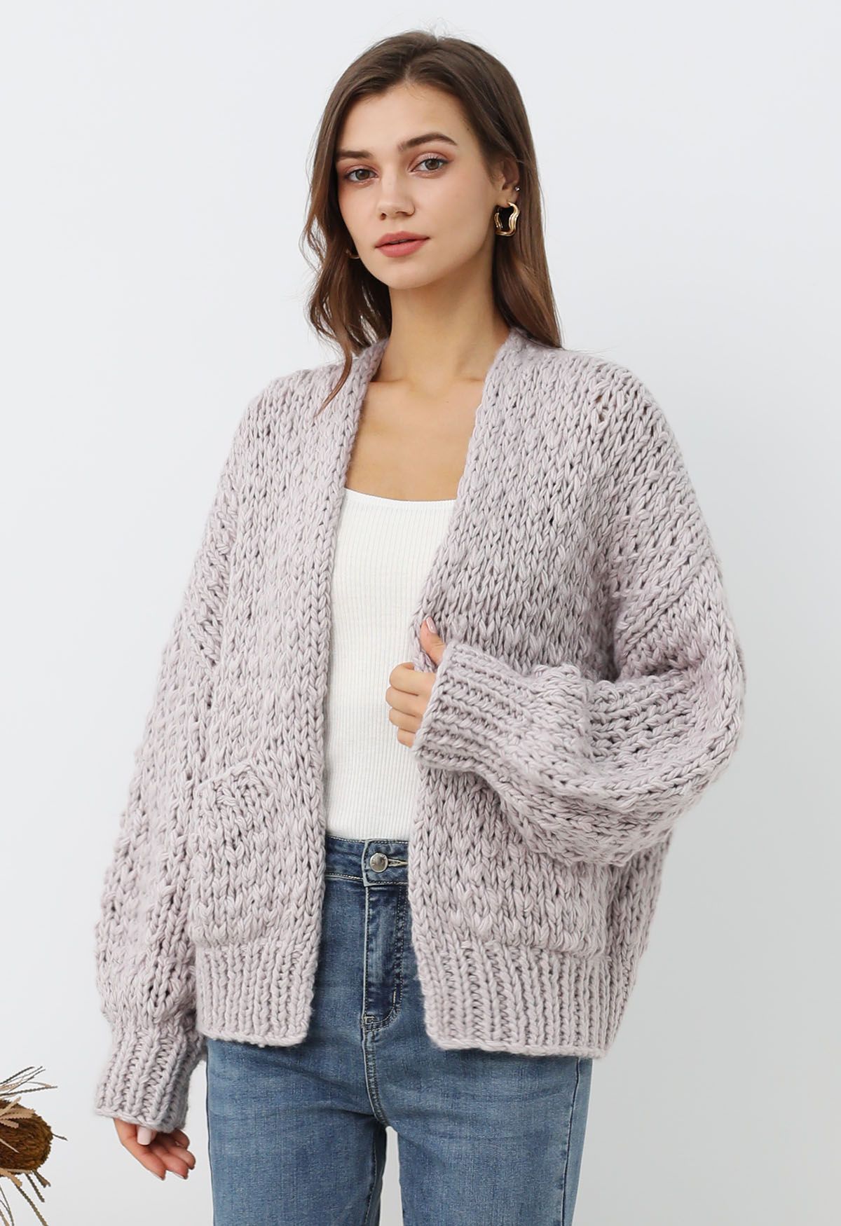 Cardigan ouvert sur le devant en tricot épais à poches plaquées, couleur lilas