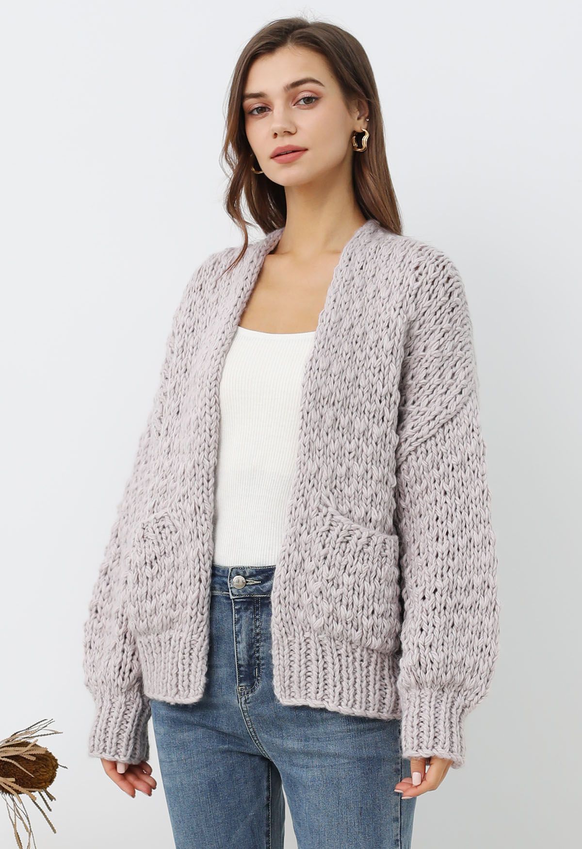 Cardigan ouvert sur le devant en tricot épais à poches plaquées, couleur lilas