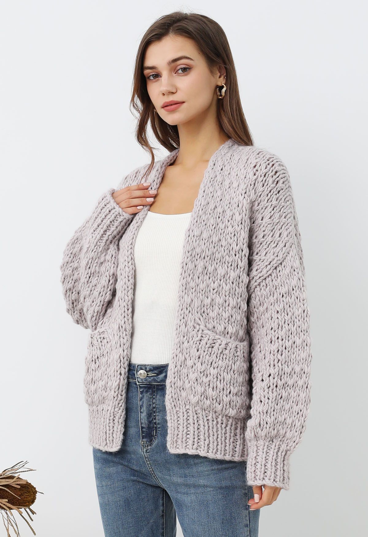 Cardigan ouvert sur le devant en tricot épais à poches plaquées, couleur lilas