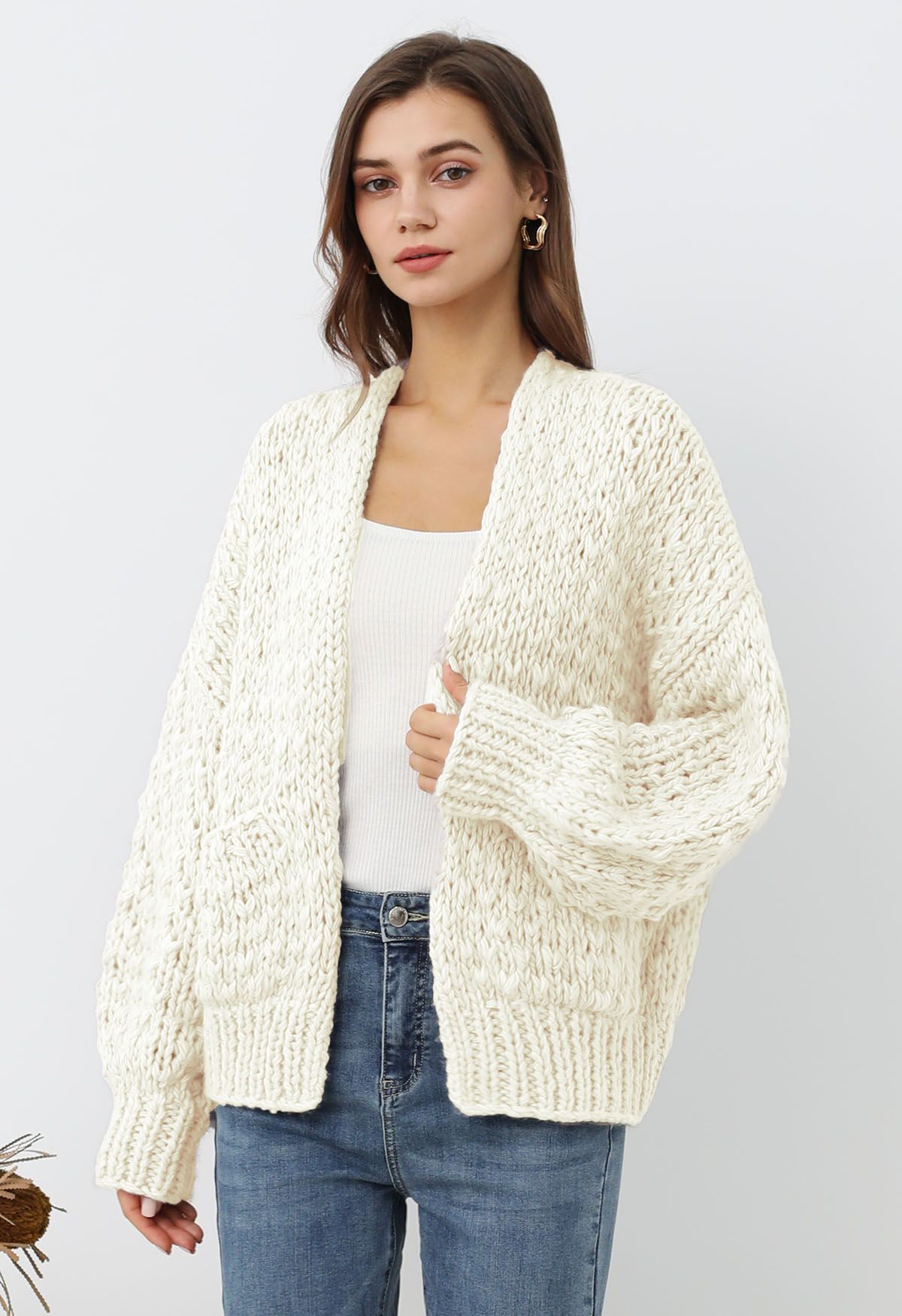 Cardigan ouvert sur le devant en tricot épais à poches plaquées, blanc