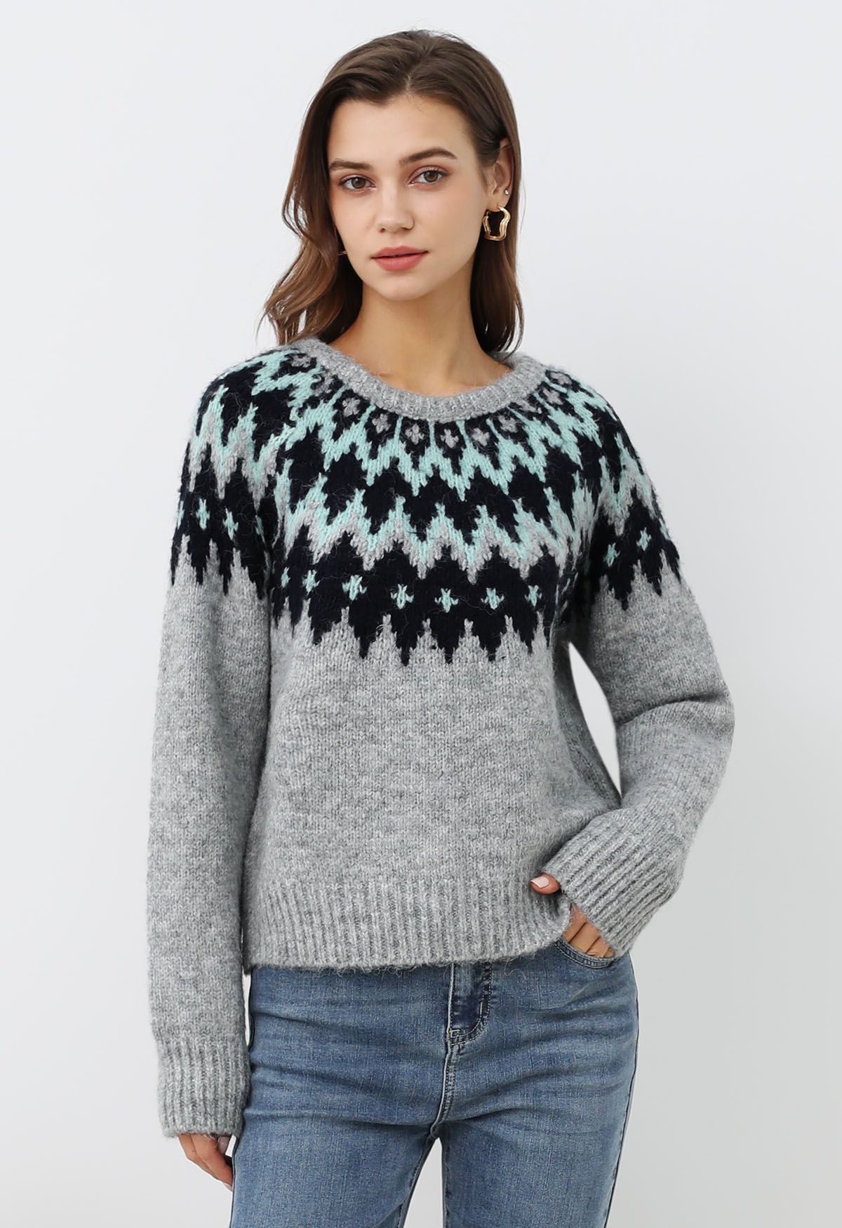 Pull côtelé Fair Isle Winter Whimsy en gris