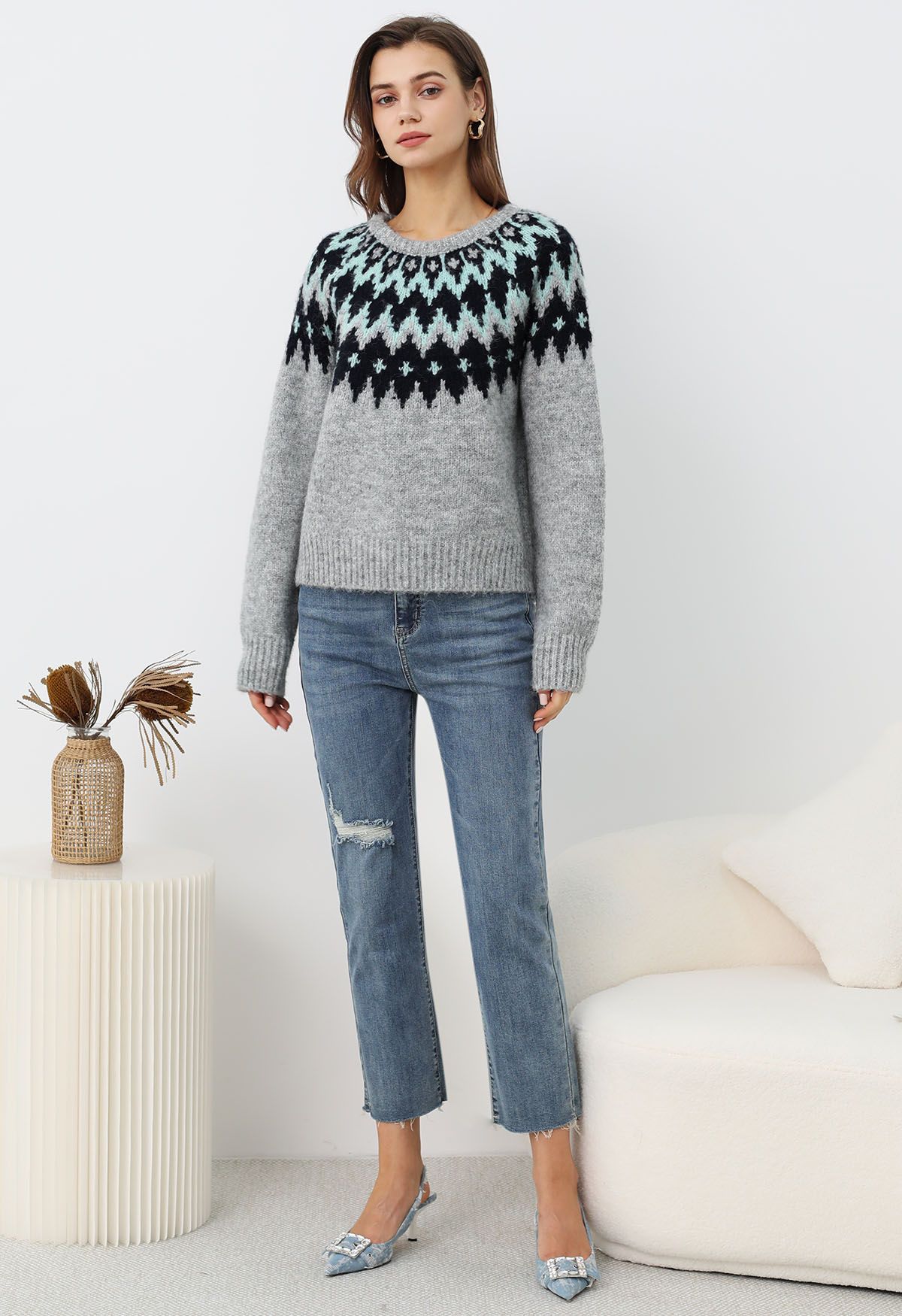 Pull côtelé Fair Isle Winter Whimsy en gris