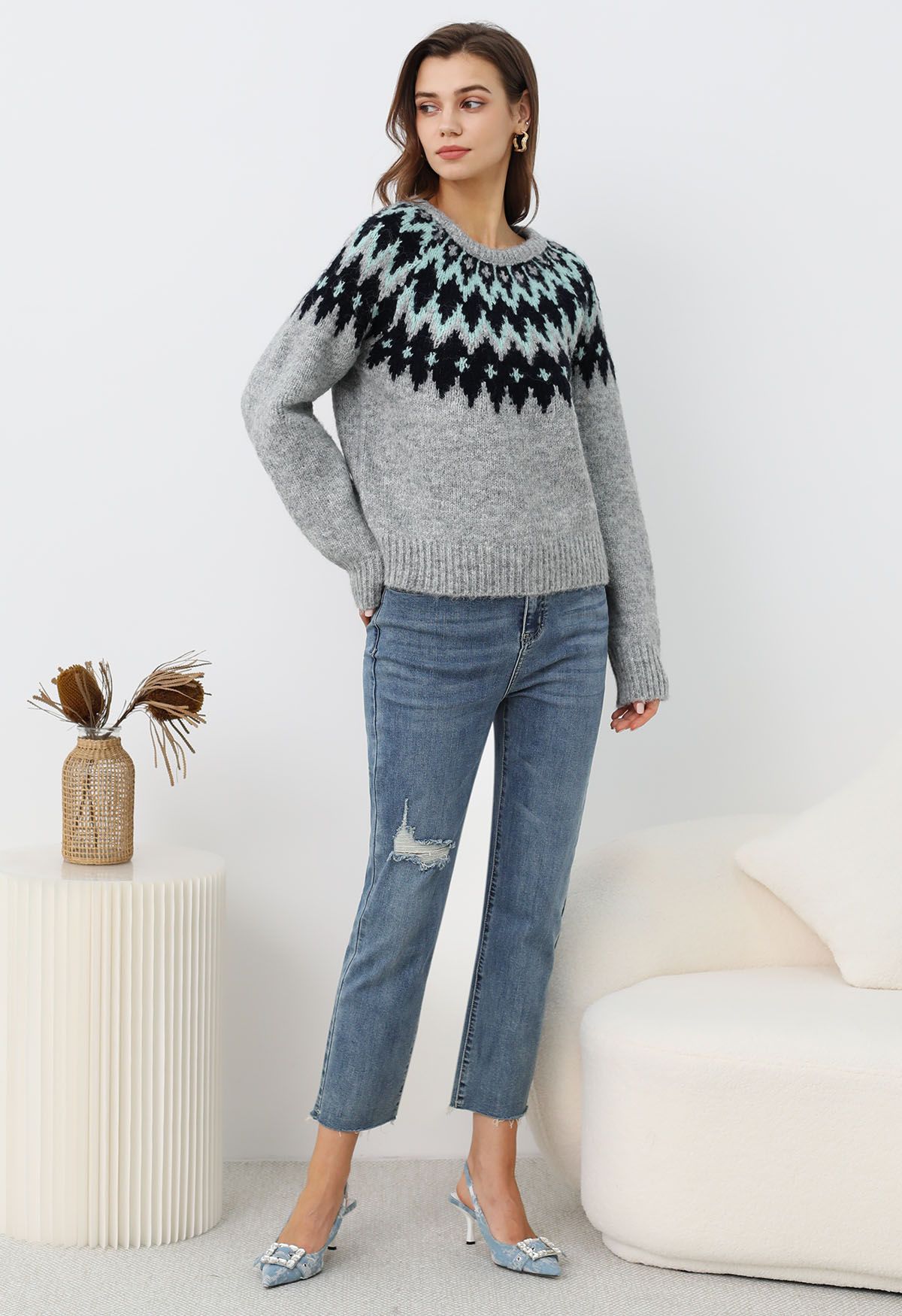 Pull côtelé Fair Isle Winter Whimsy en gris