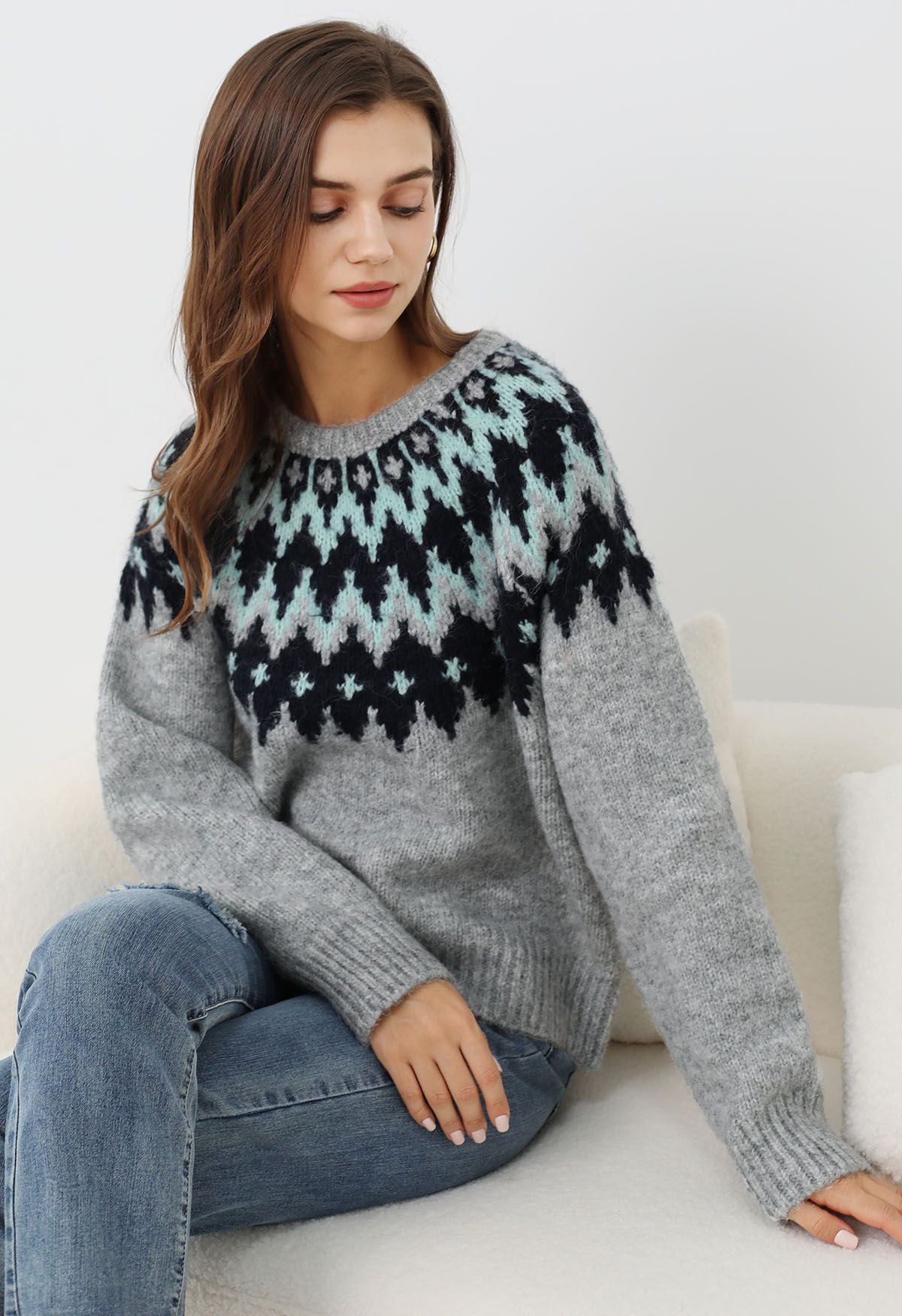 Pull côtelé Fair Isle Winter Whimsy en gris