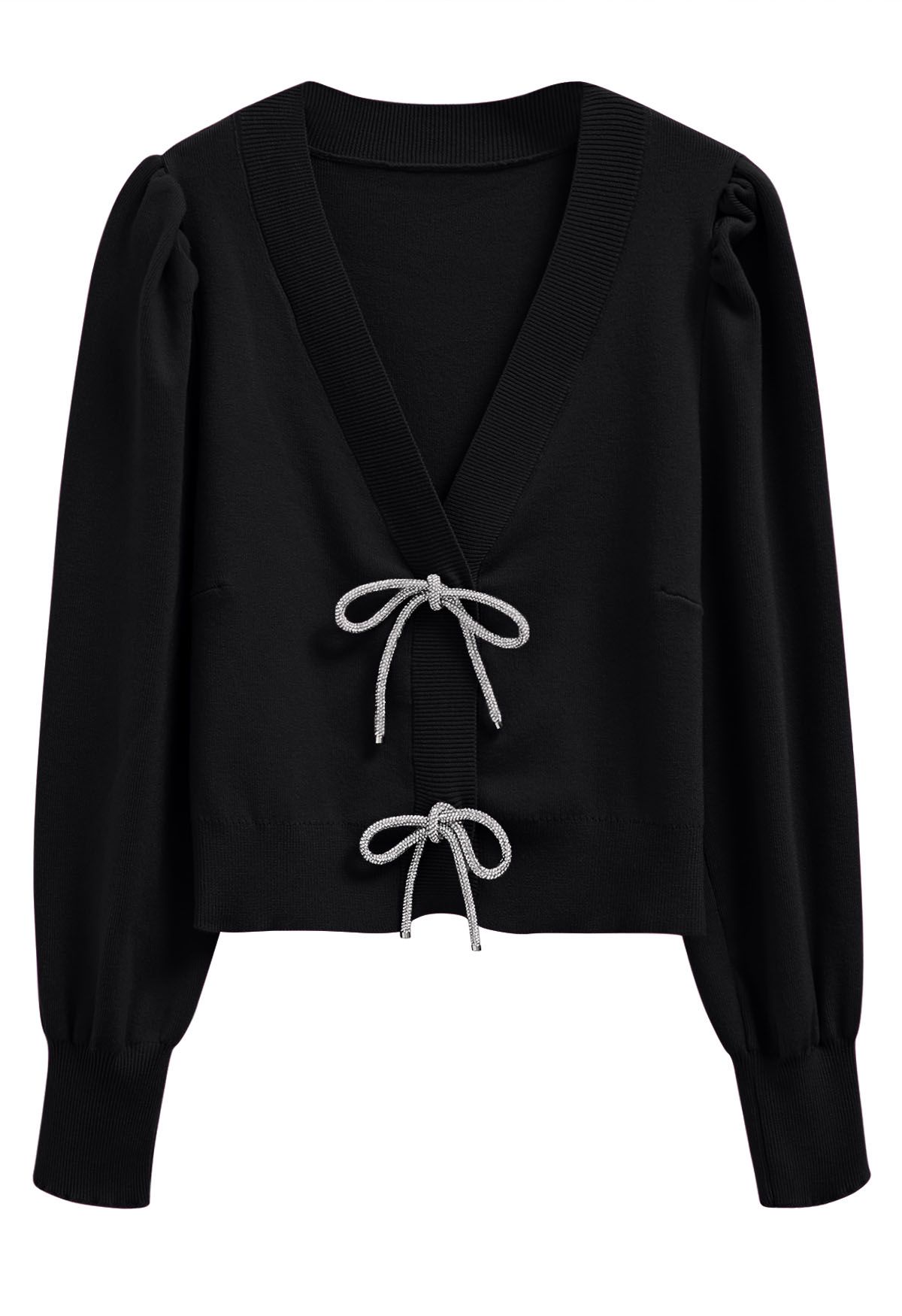 Cardigan en tricot boutonné à manches lanternes et nœud papillon scintillant en noir