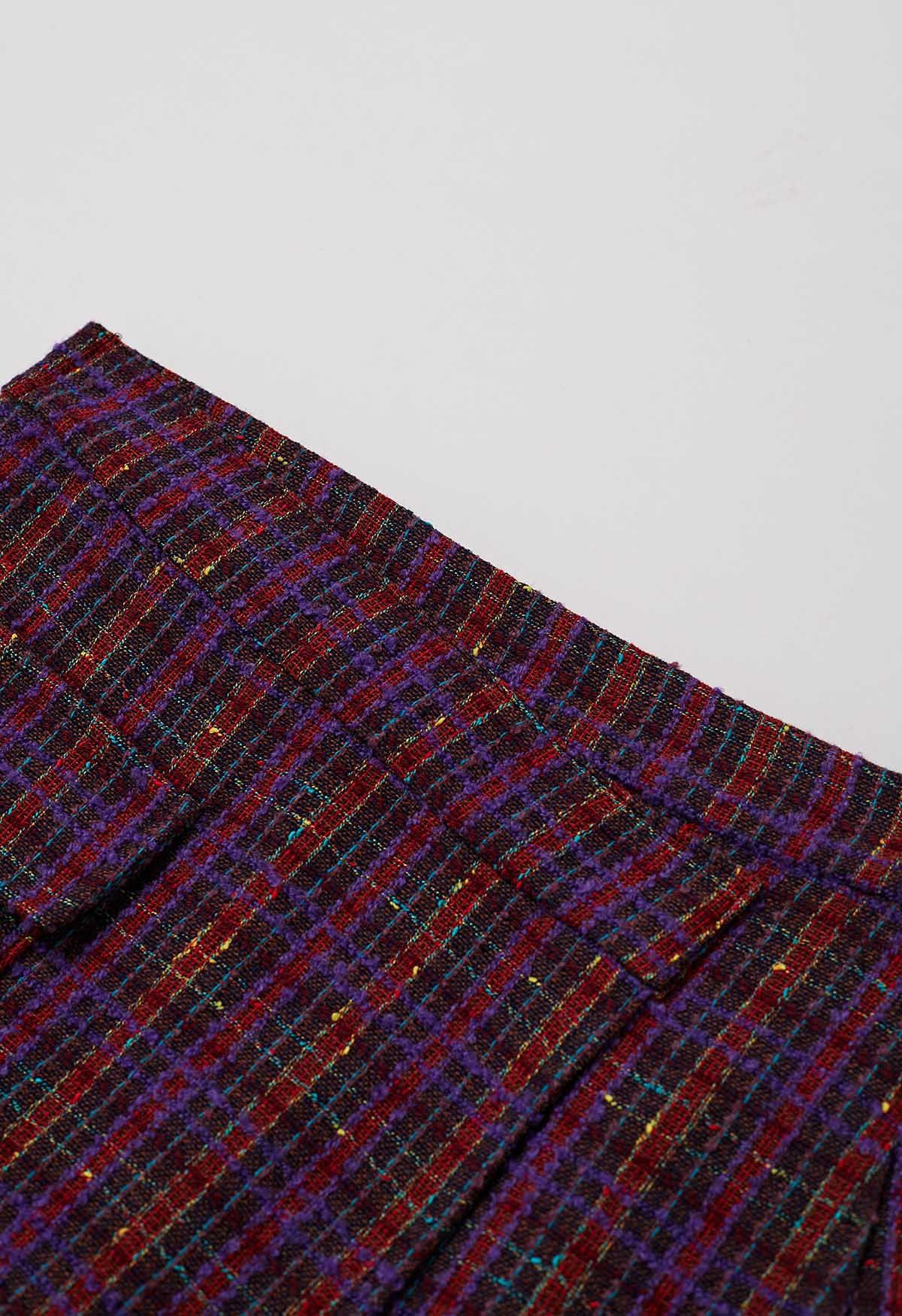 Mini-jupe asymétrique en tweed à carreaux violet