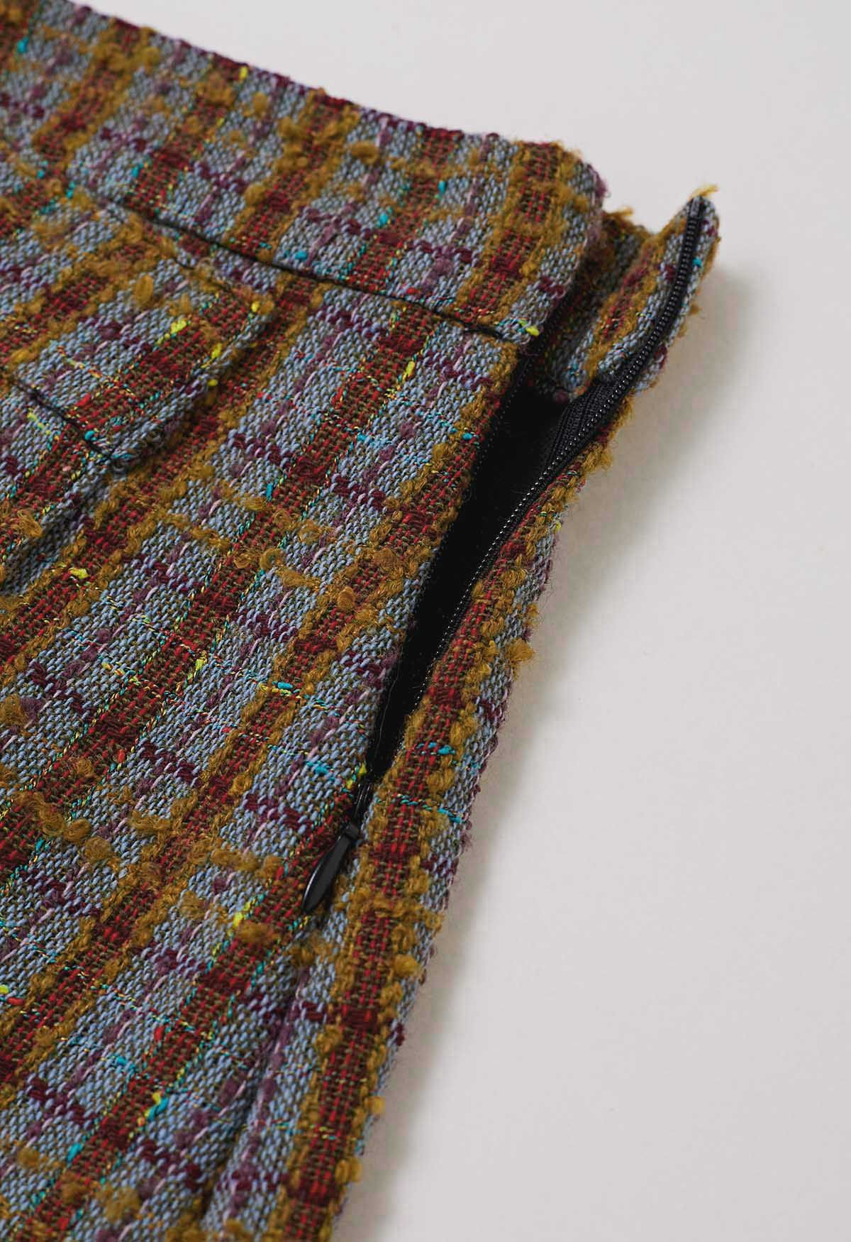 Mini-jupe asymétrique en tweed à carreaux bleu