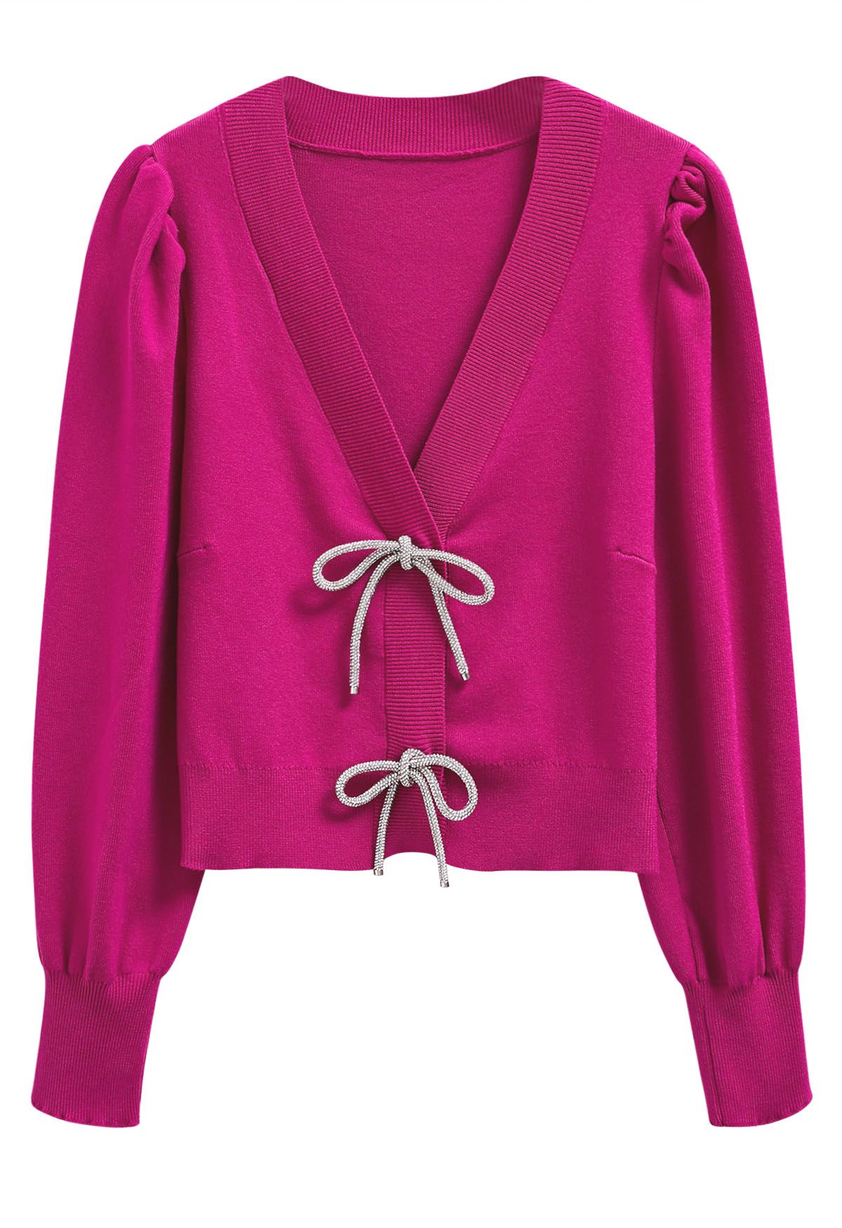 Cardigan en tricot boutonné à manches lanternes et nœud papillon scintillant en magenta