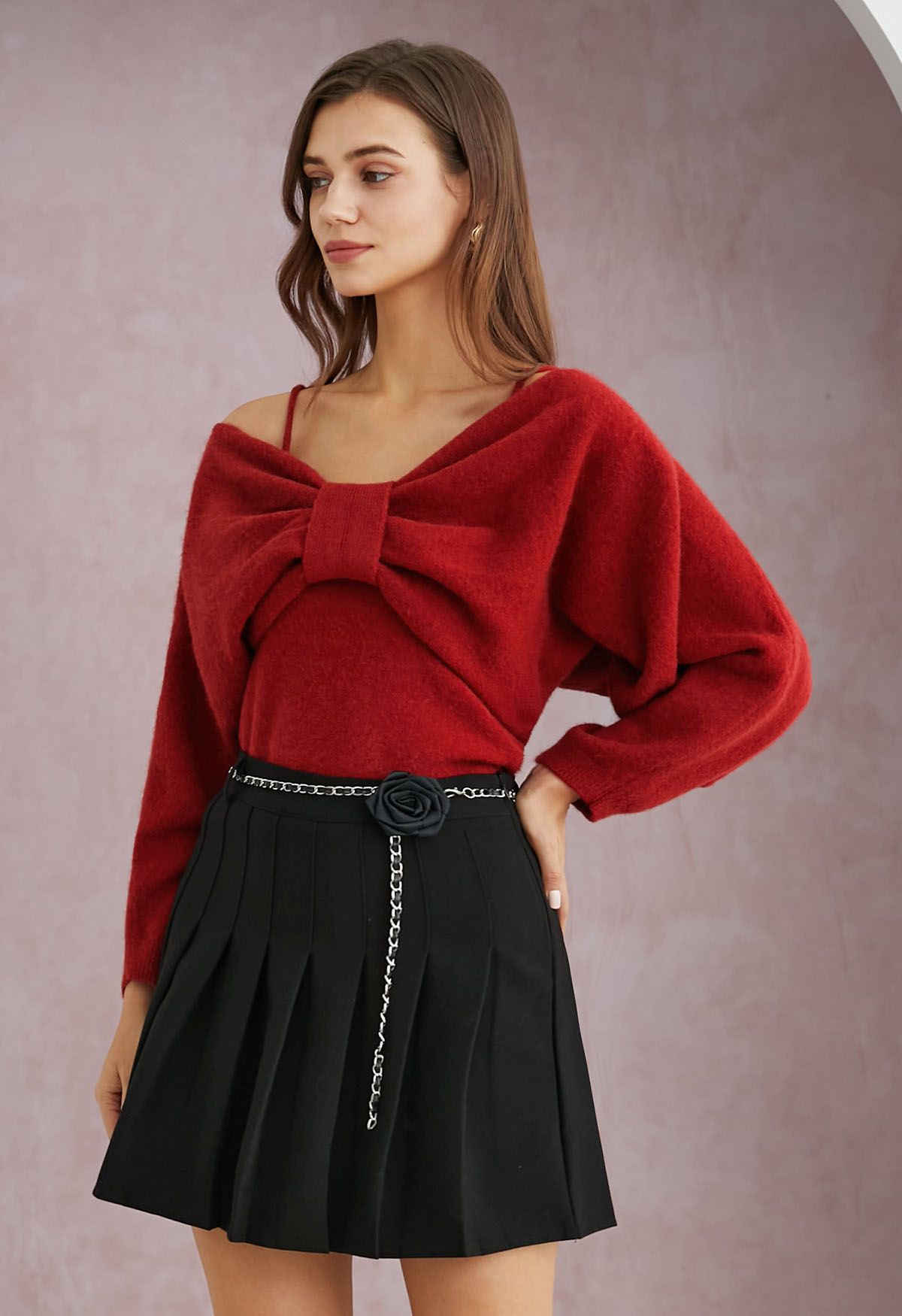 Ensemble haut à nœud papillon et pull fascinant en rouge