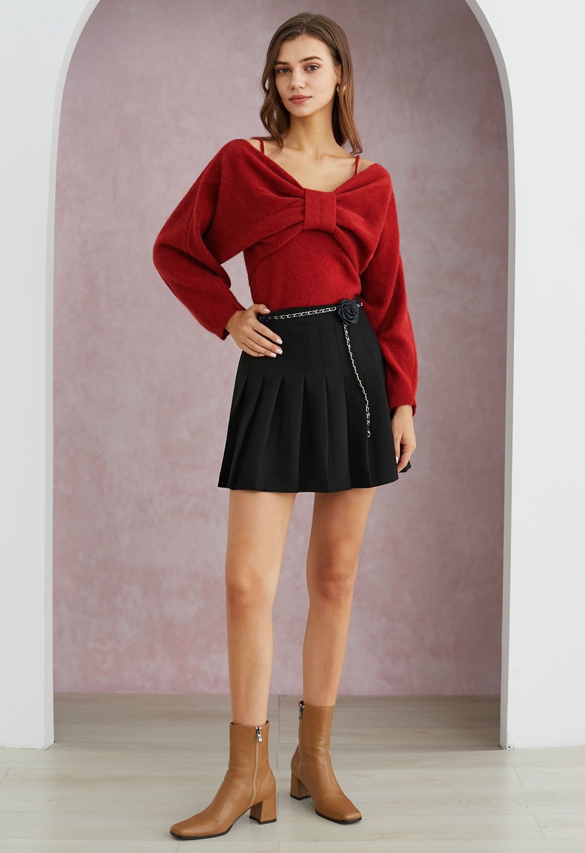 Ensemble haut à nœud papillon et pull fascinant en rouge