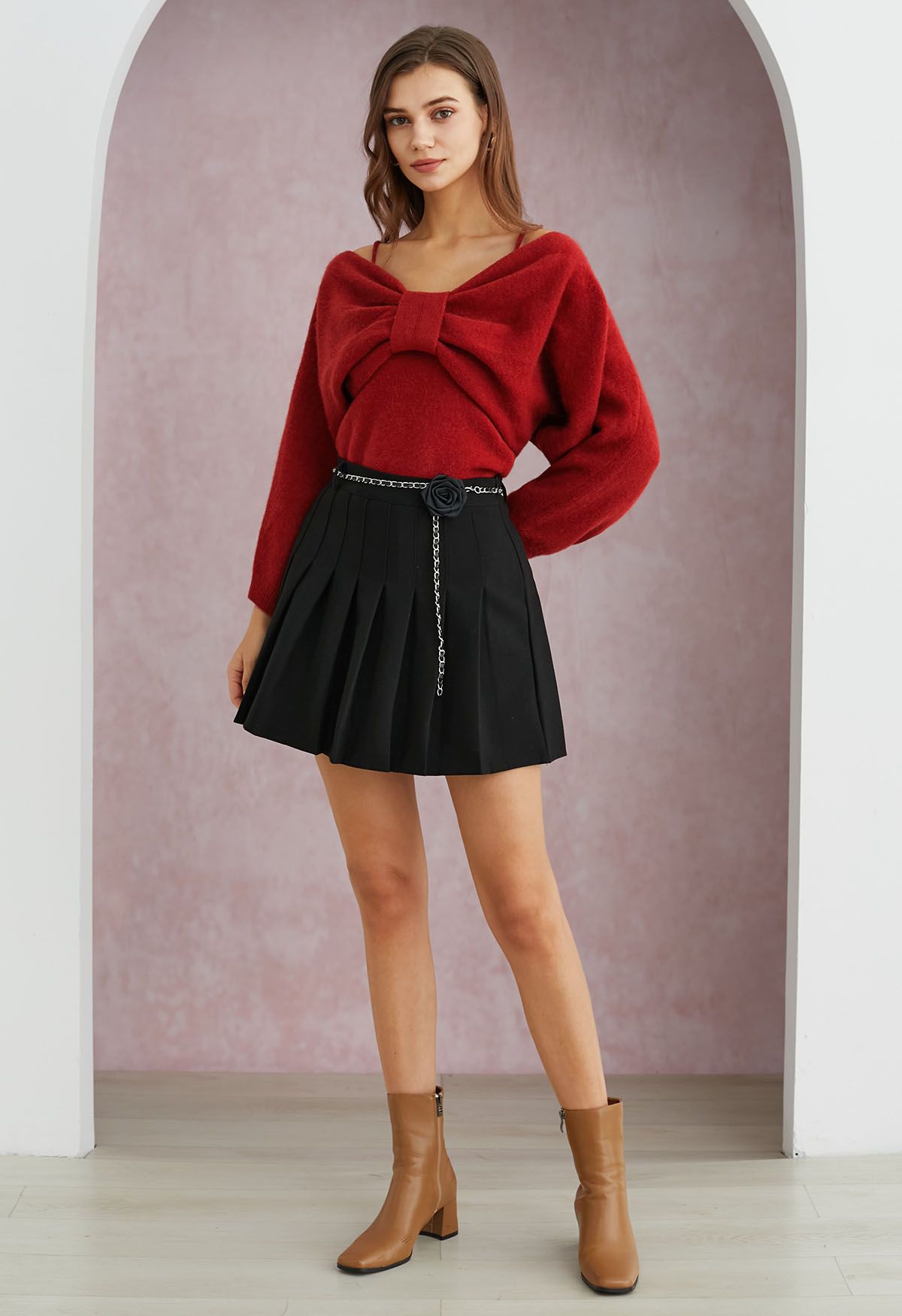 Ensemble haut à nœud papillon et pull fascinant en rouge